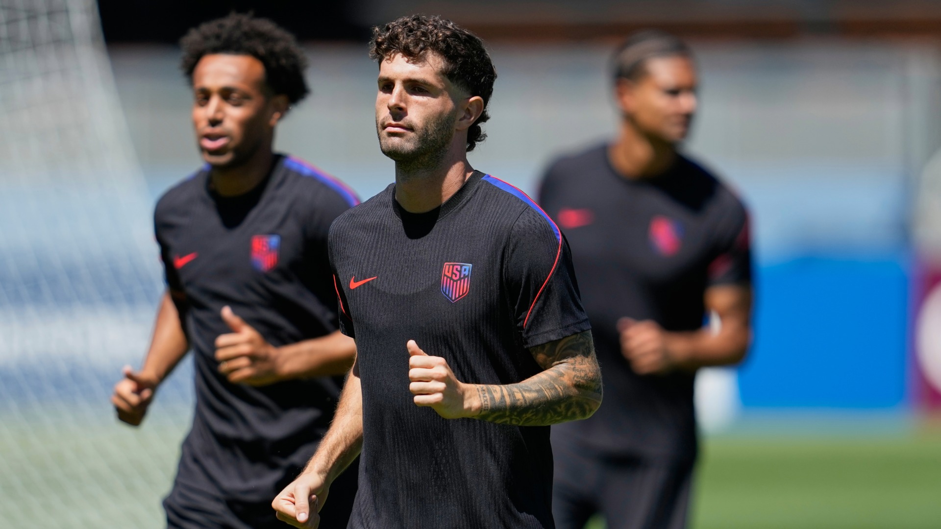 Christian Pulisic and his teammates warm up during a training session ahead of their World Cup Round of 32 soccer match against Bosnia and Herzegovina, Tuesday, June 30, 2026.