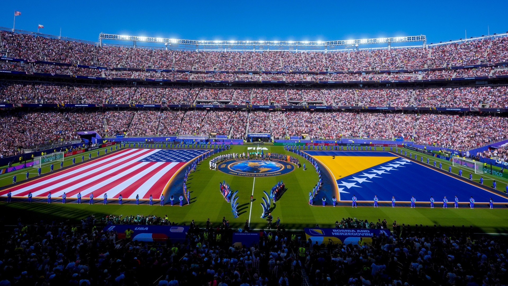 Players stand for the national anthem during the World Cup round of 32 soccer match between the United States and Bosnia in Santa Clara, Calif., near San Francisco, , July 1, 2026.