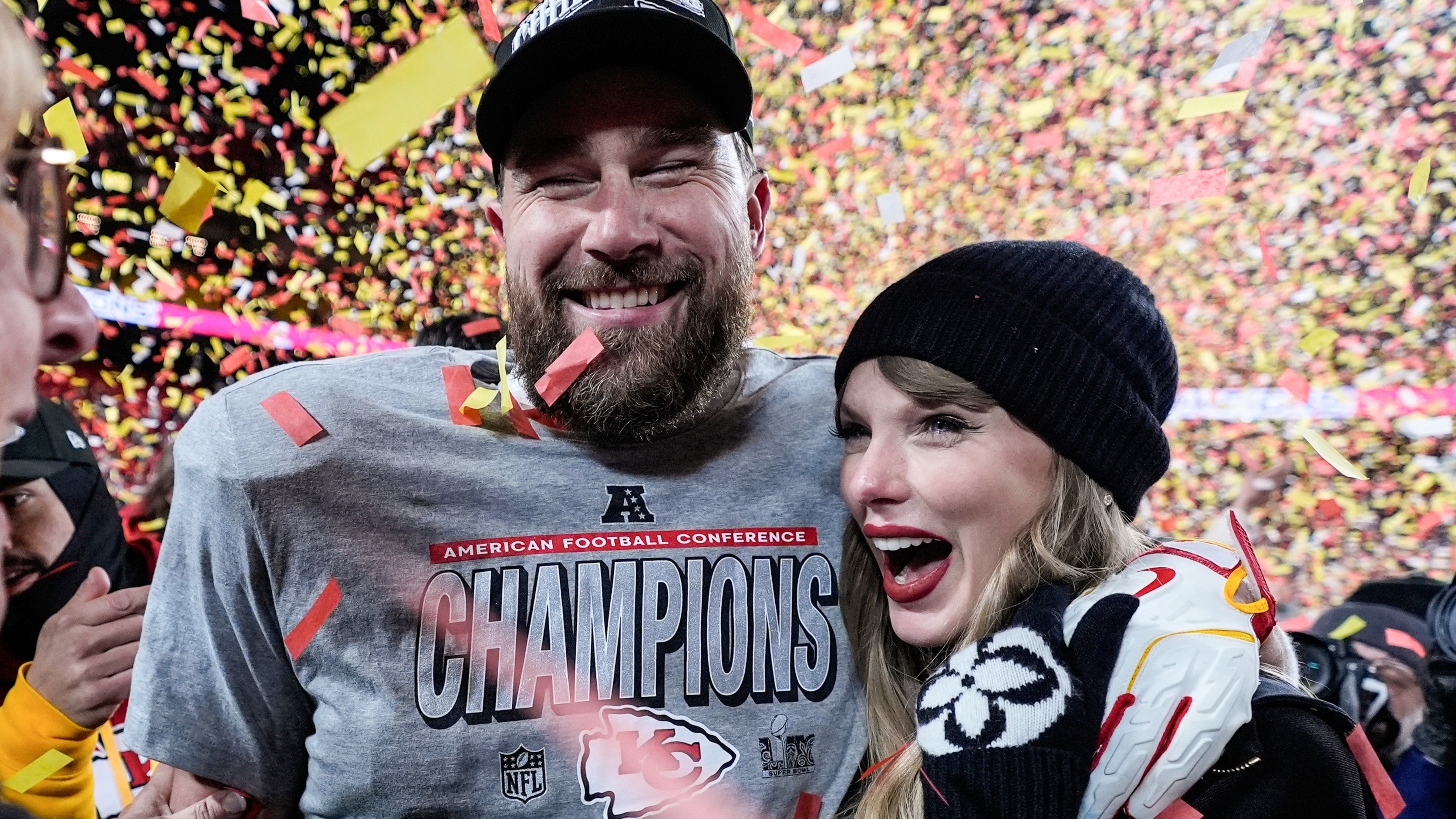 Travis Kelce, left, and Taylor Swift pose after the AFC Championship NFL football game against the Buffalo Bills, Jan. 26, 2025, in Kansas City, Mo.