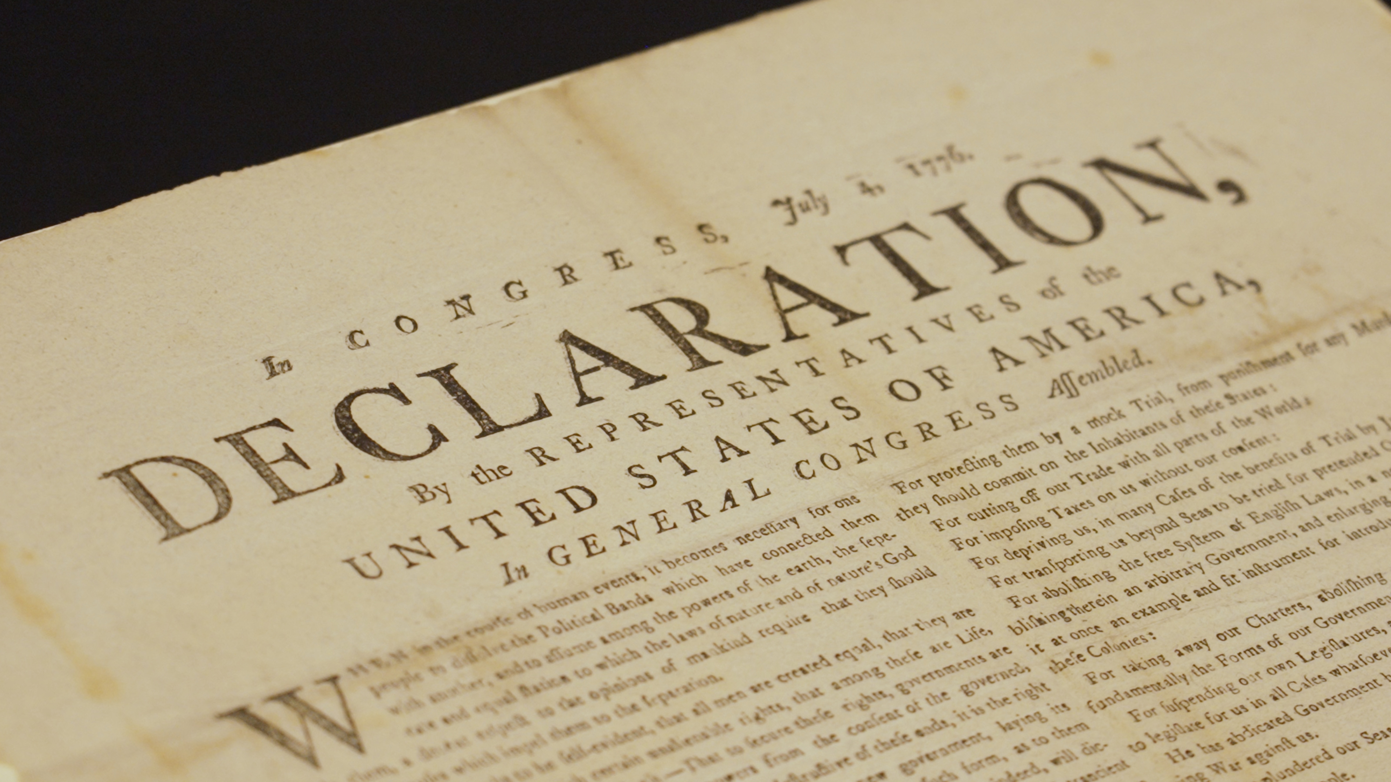 This image made from video shows a newly discovered copy of the U.S. Declaration of Independence, printed in July 1776 in Exeter, is displayed at The National Archives in London, Thursday, July 2, 2026. 