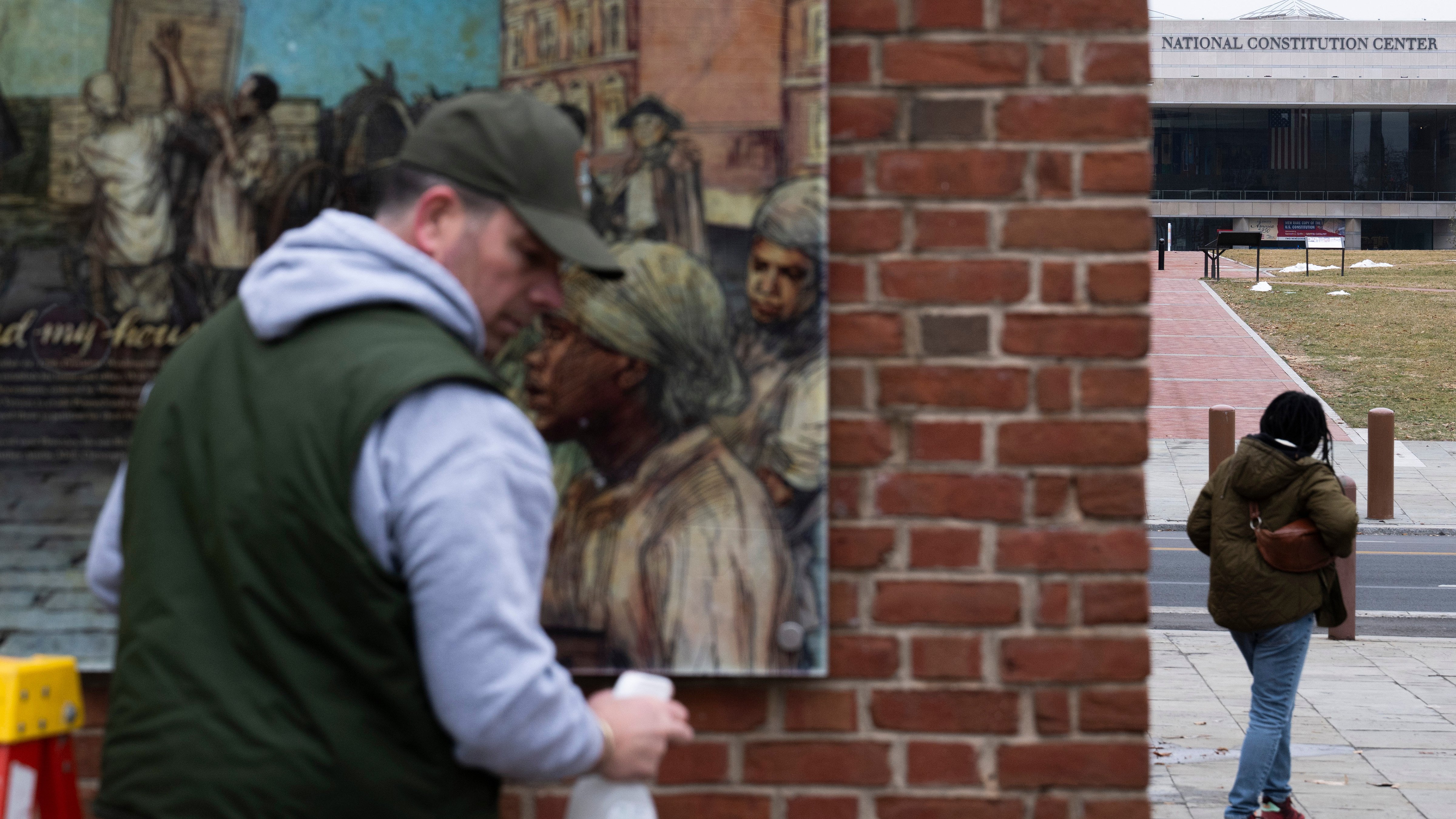 Panels that were part of an exhibit on slavery at the President's House Site in Independence National Historical Park are reinstalled, Feb. 19, 2026, in Philadelphia.