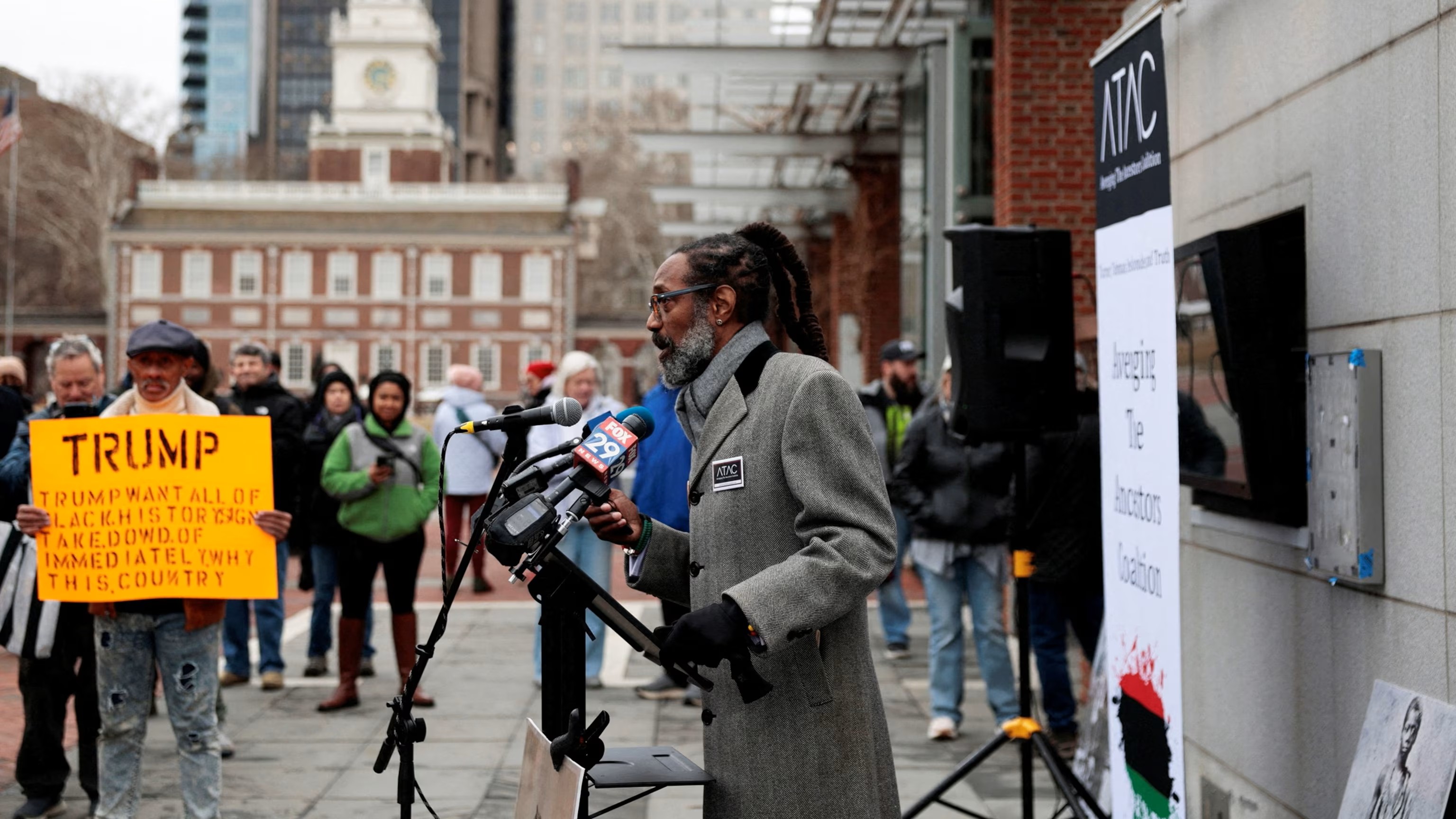 In this Feb. 19, 2026, file photo Michael Coard speaks after National Park Service workers reinstalled a slavery exhibit at the President's House in Philadelphia.