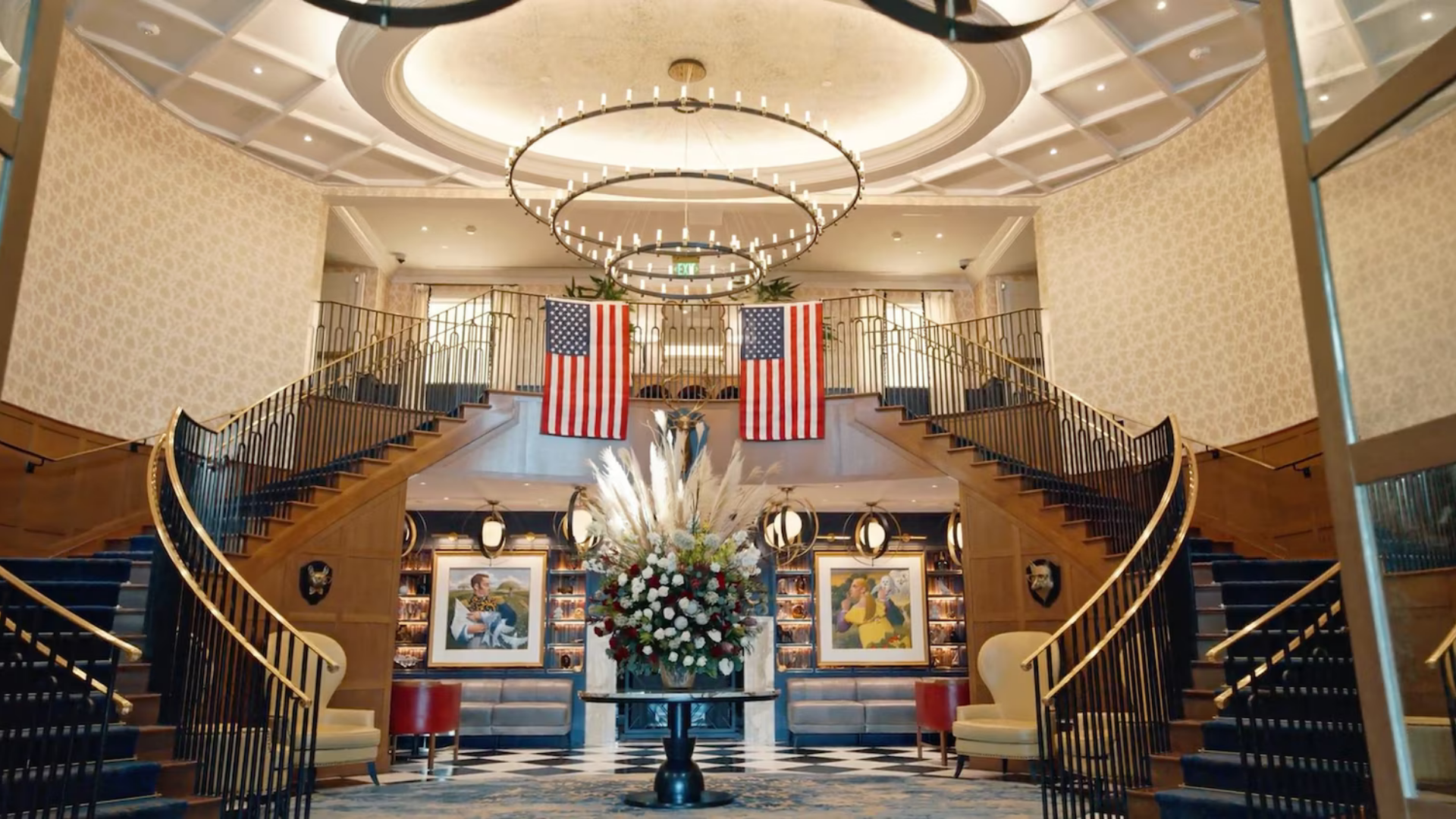 Inside the Grand Lodge at Nemacolin, a property on the list of the Historic Hotels of America by the National Trust for Historic Preservation, decorated for America 250.