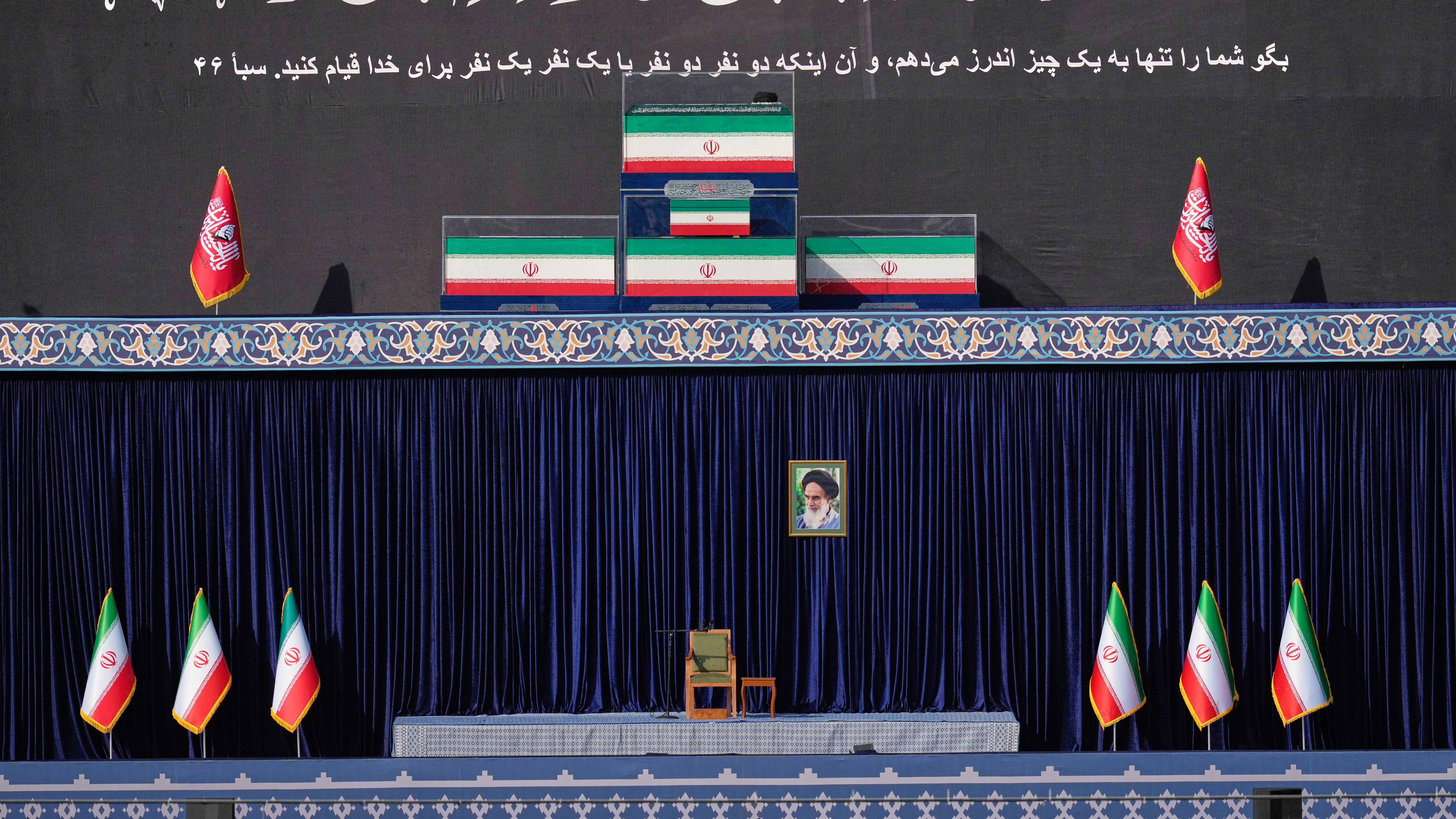 The coffins of the late Iranian Supreme Leader Ayatollah Ali Khamenei and members of his family are displayed in Tehran, Iran, Saturday, July 4, 2026.