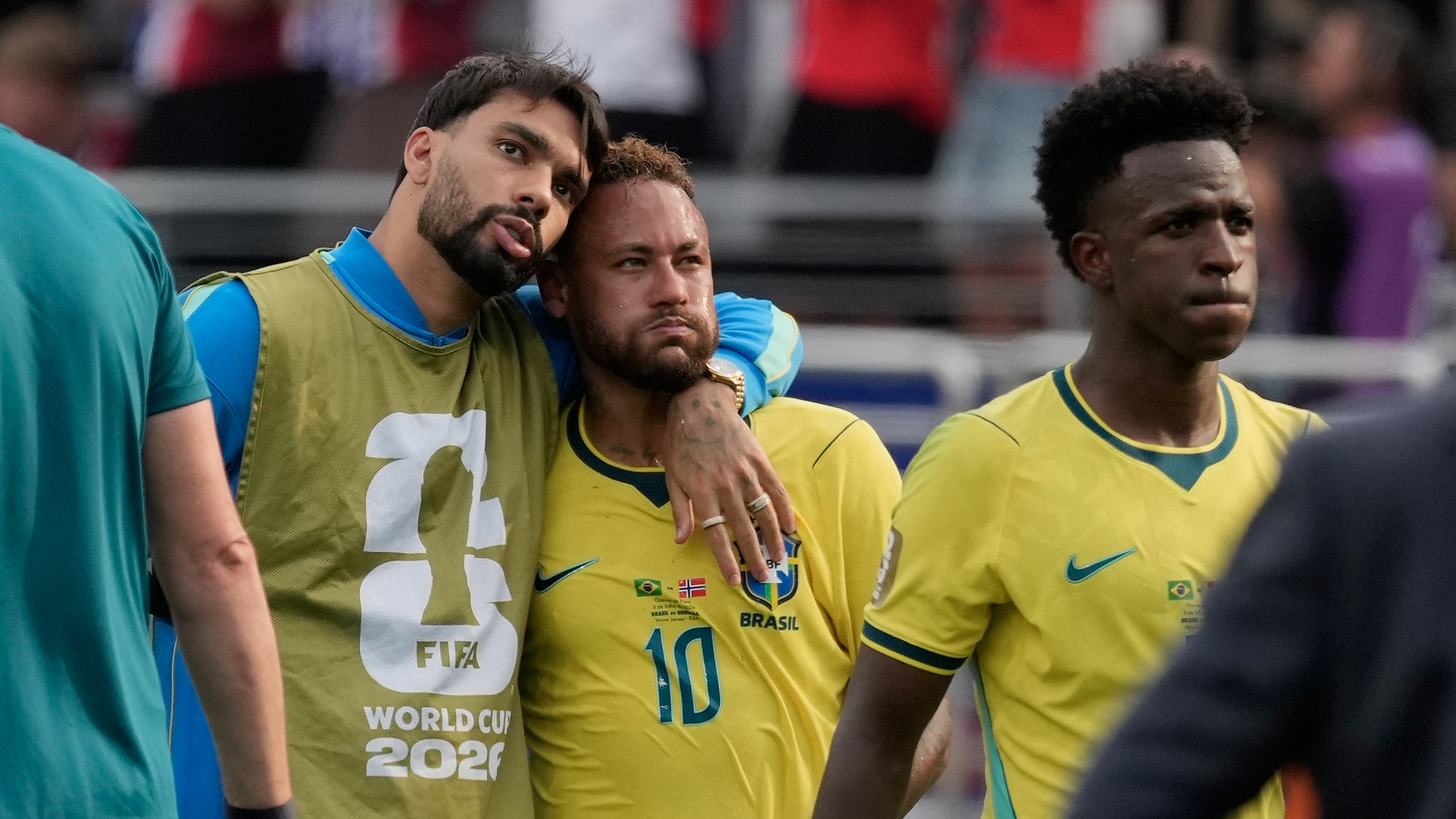 Brazil's Neymar walks off the field with teammates after the World Cup round of 16 soccer match between Brazil and Norway in East Rutherford, N.J., Sunday, July 5, 2026.