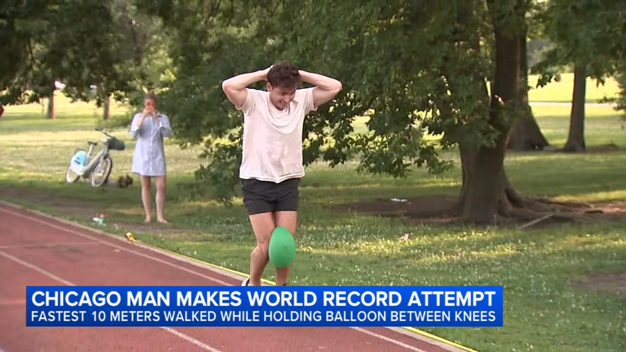 Chicago man makes world record attempt for fastest 10 meters walked with balloon between legs