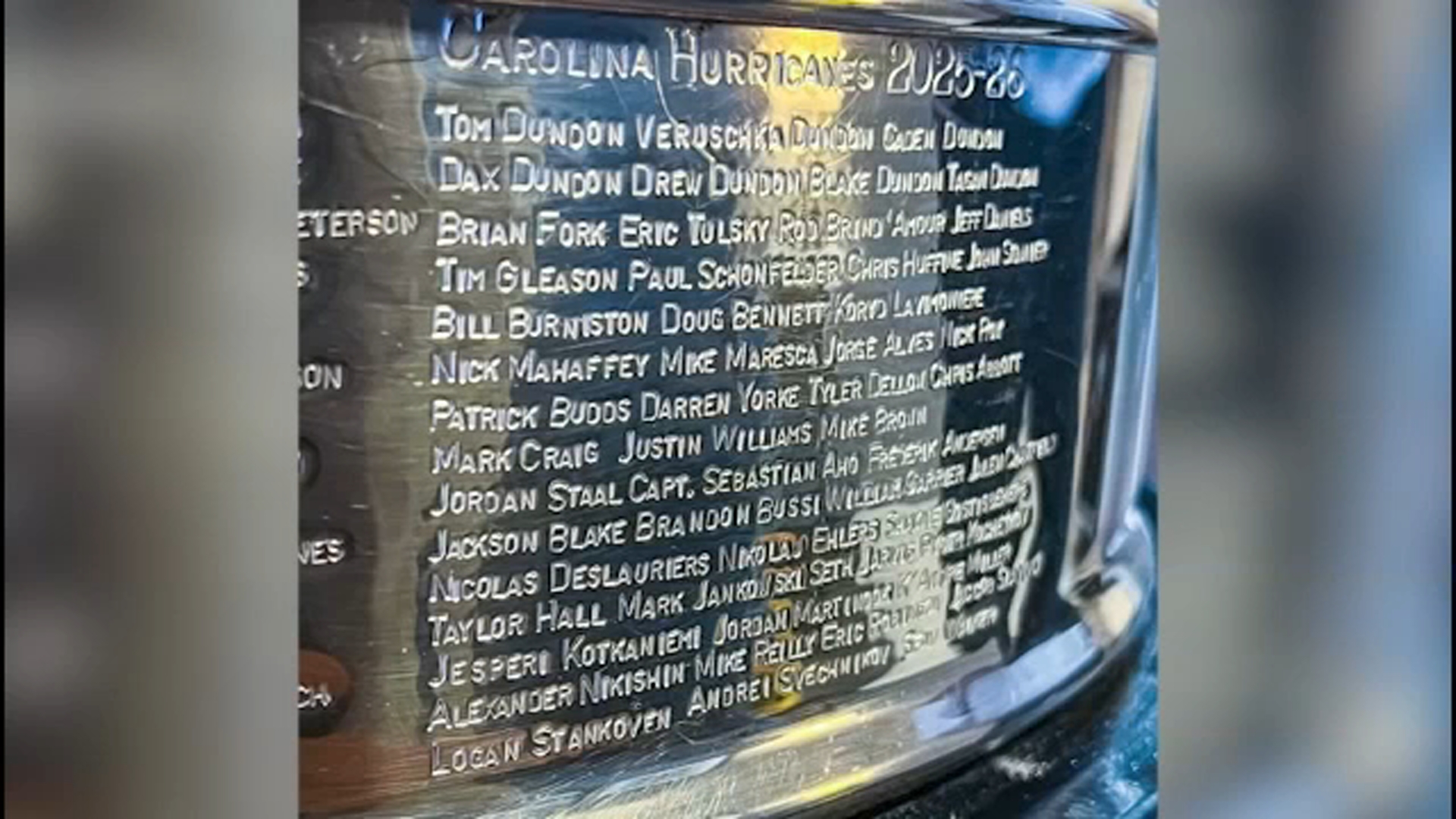 This image shows all the names the Hurricanes etched on the Stanley Cup.