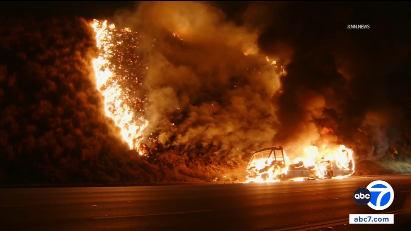 RV fire spreads to brush on side of 60 Freeway in Diamond Bar, shutting down westbound lanes