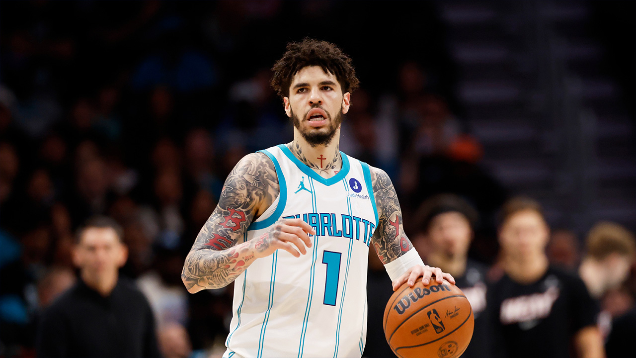 Charlotte Hornets guard LaMelo Ball brings the ball up the court against the Miami Heat in Charlotte, N.C., April 14, 2026.