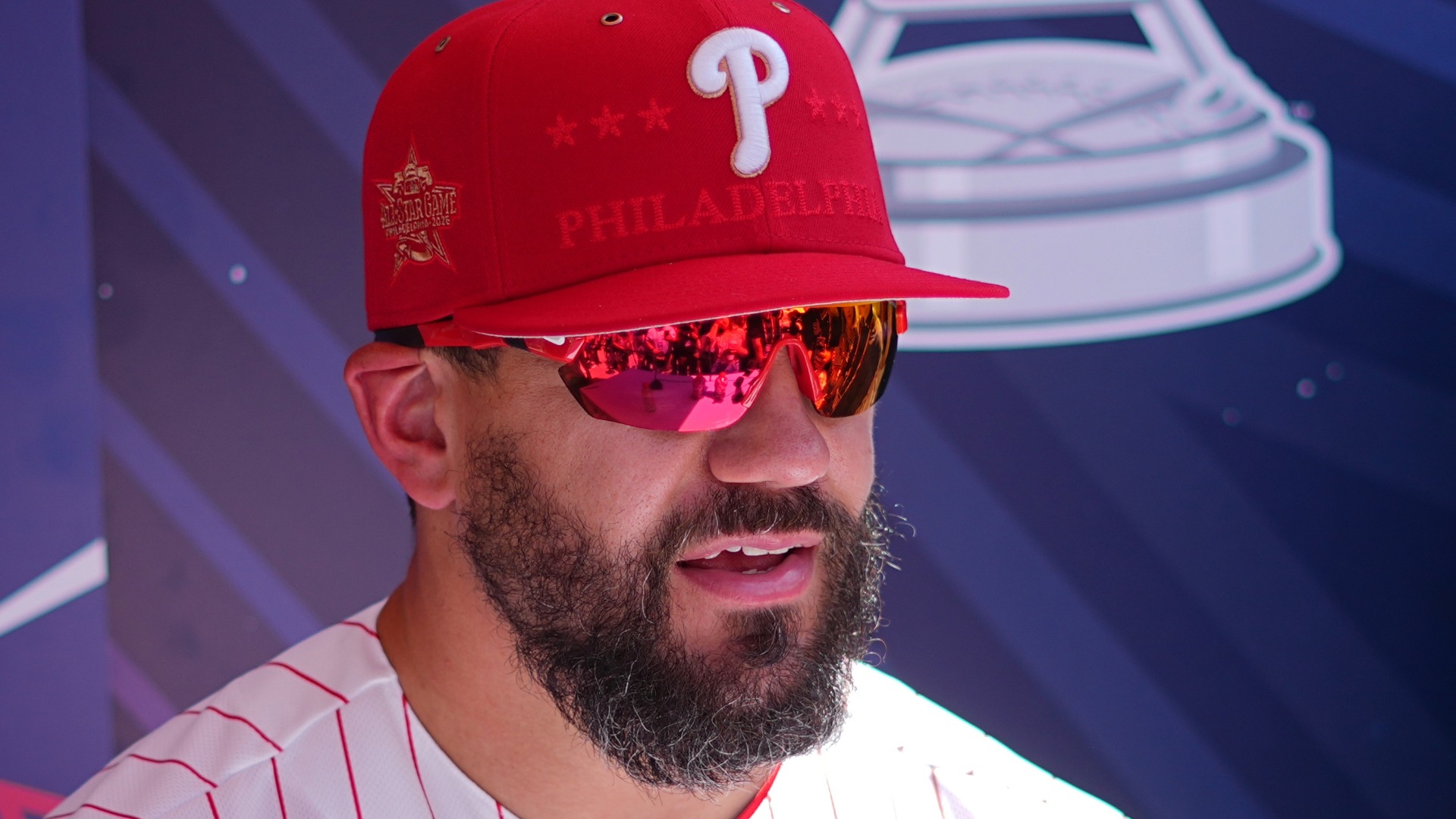 Philadelphia Phillies Kyle Schwarber speaks to members of the media during the MLB baseball All-Star Week, Monday, July 13, 2026, in Philadelphia.