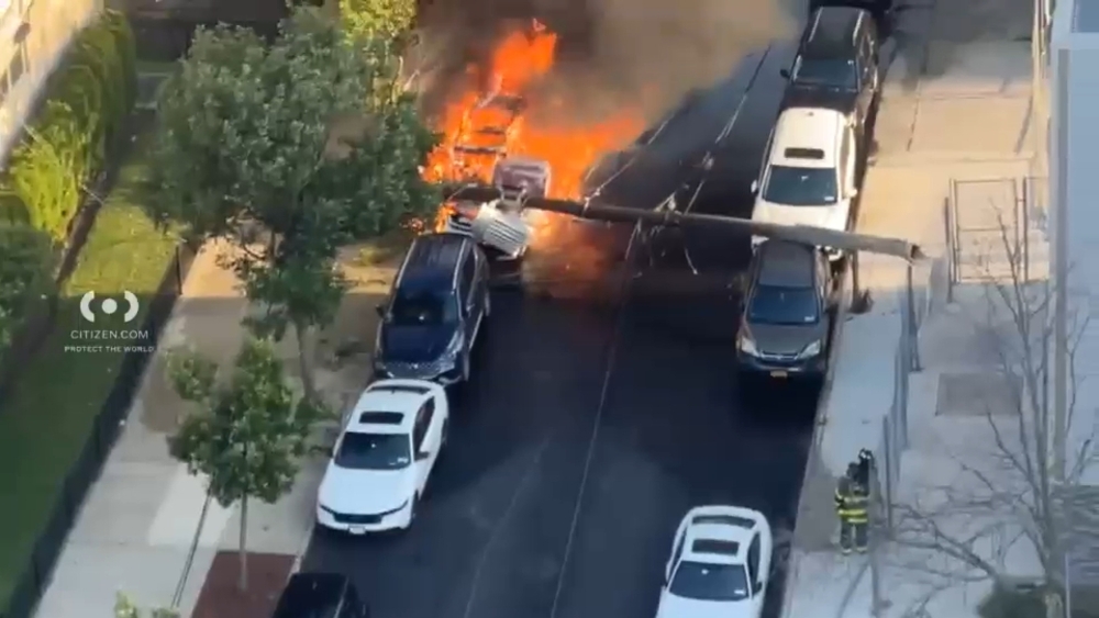 Fallen power poles spark car fire in Coney Island