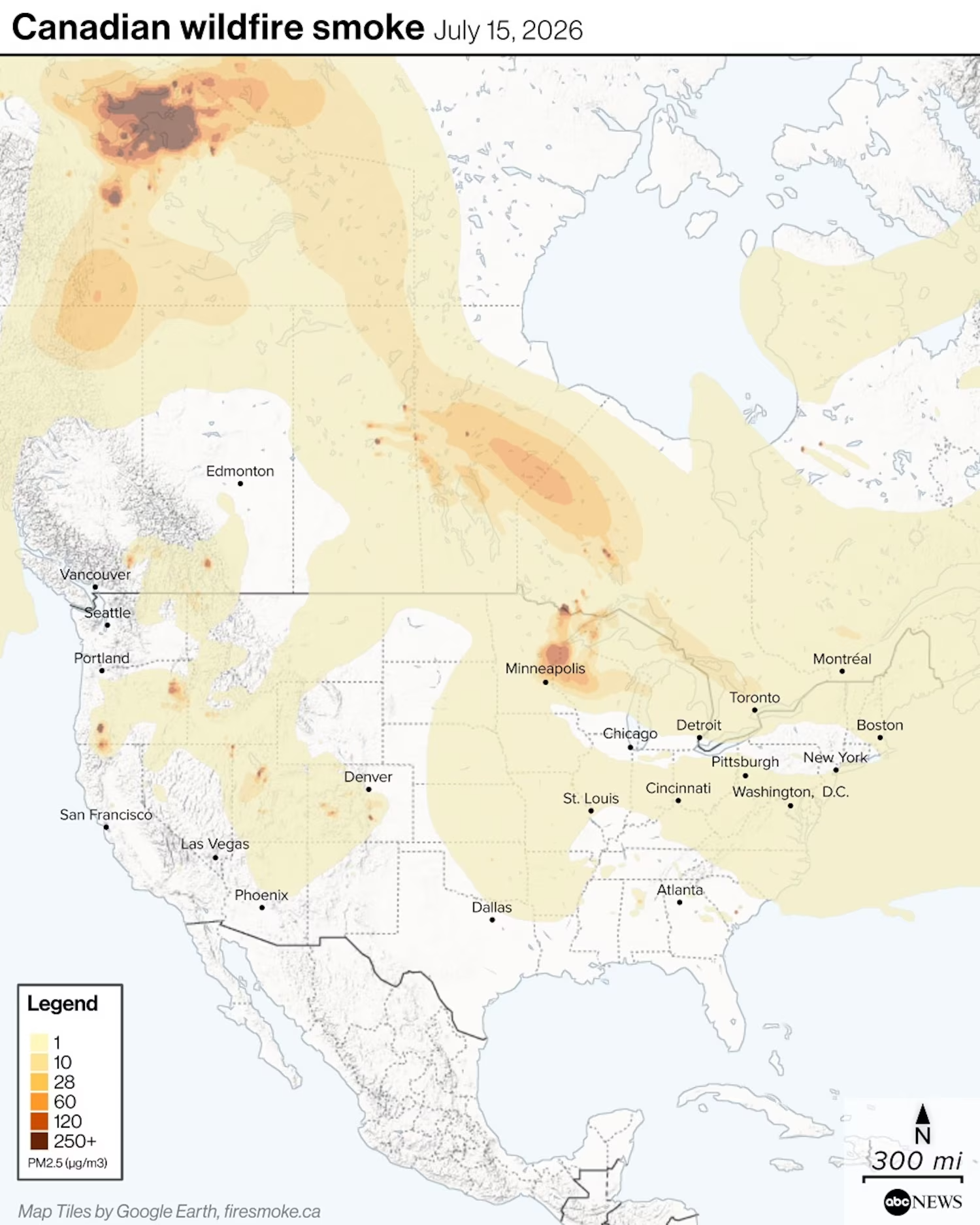 Canadian wildfire smoke as of July 15, 2026.