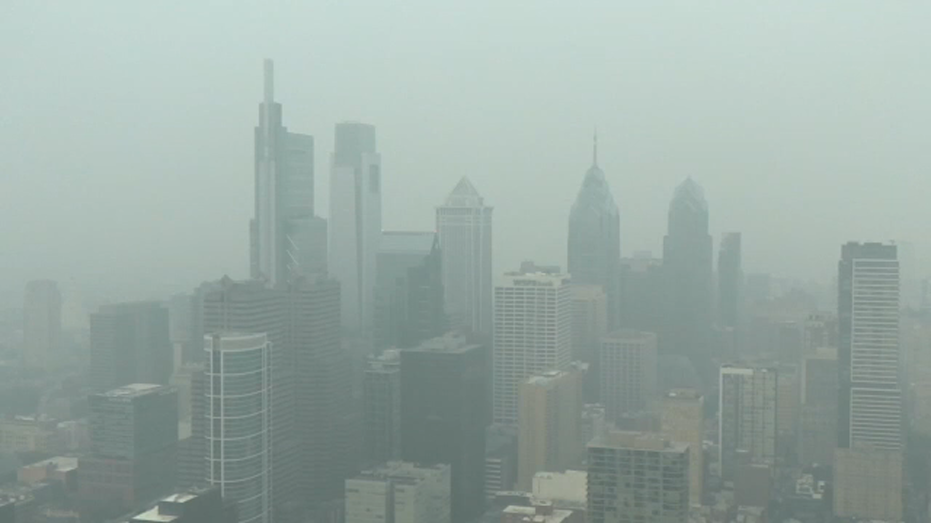 Haze fills the Philadelphia skyline on July 16, 2026.