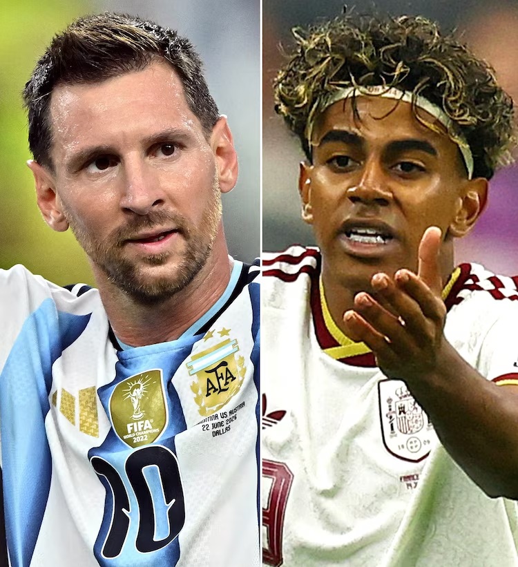 Argentina's Lionel Messi in Arlington, Texas, June 22, 2026 and Spain's Lamine Yamal in Arlington, Texas, July 14, 2026.