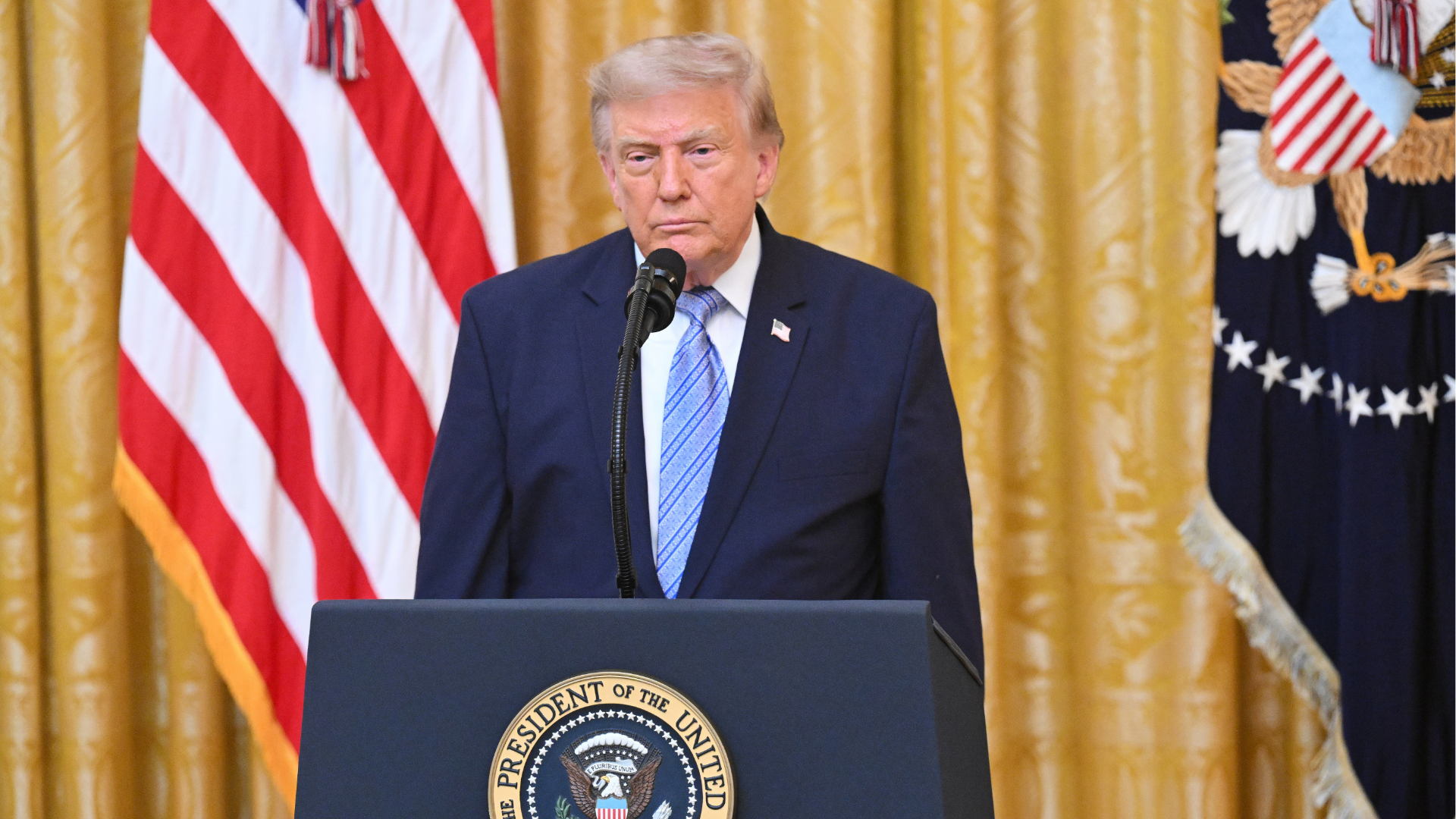 President Donald Trump pauses after speaking in the East Room of the White House, Thursday, July 16, 2026, in Washington. 