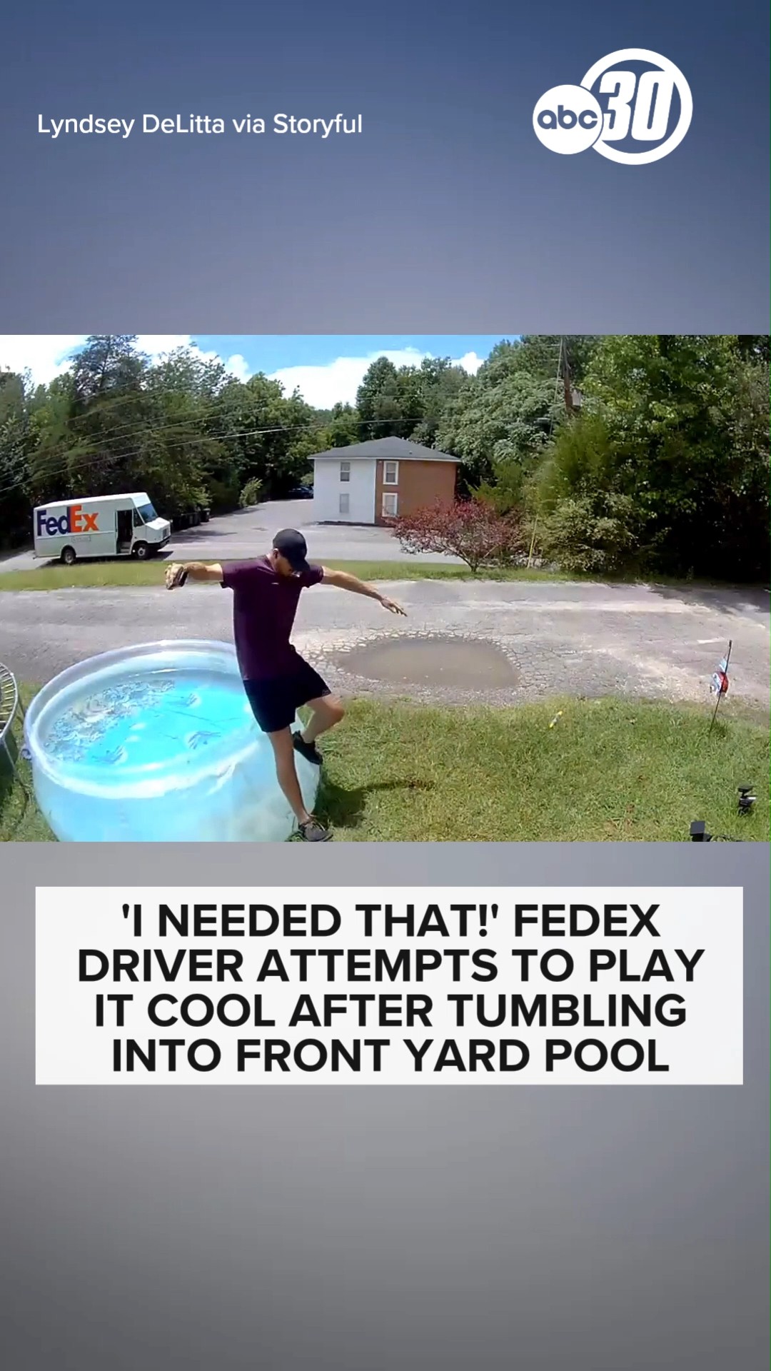 Driver tries to play it cool after tumbling into front yard pool