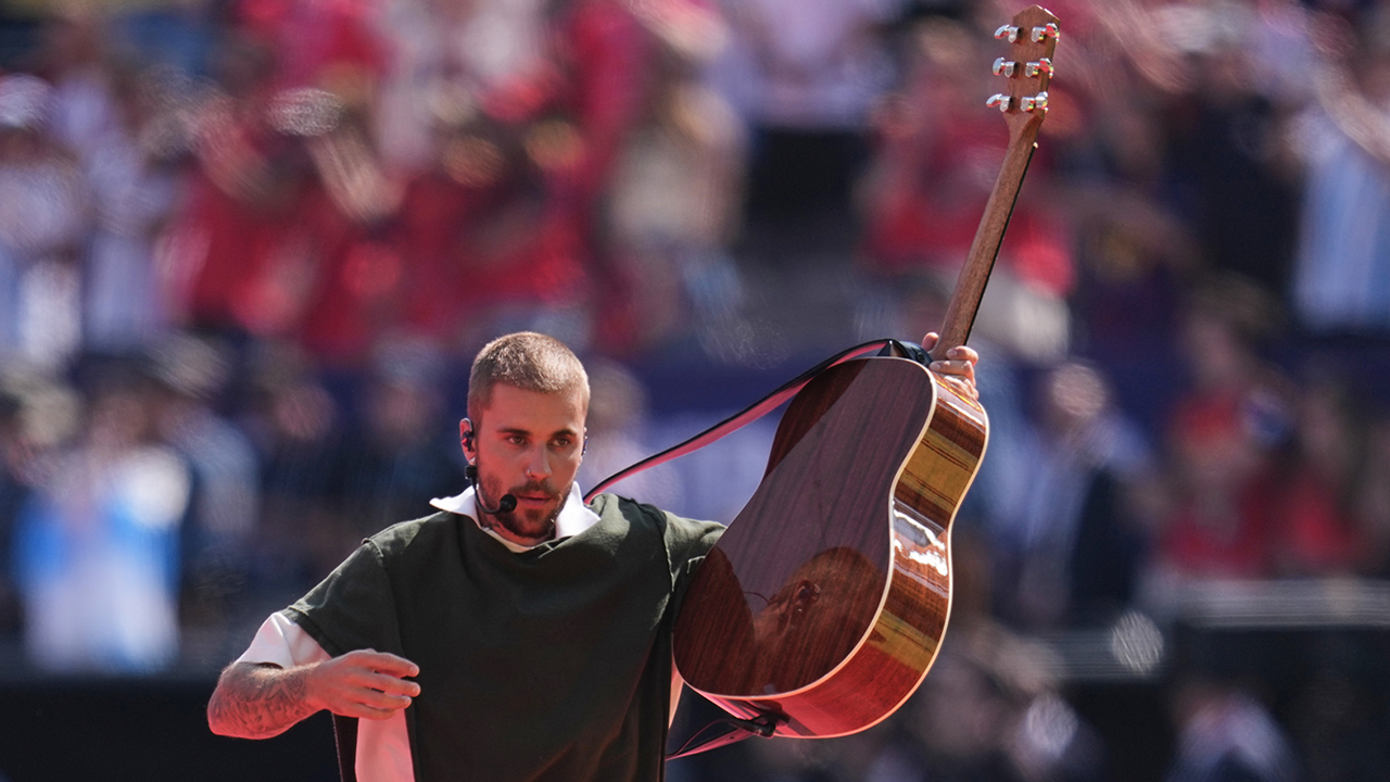 Justin Bieber performs at halftime during the World Cup final soccer match between Spain and Argentina in East Rutherford, N.J., near New York, Sunday, July 19, 2026.