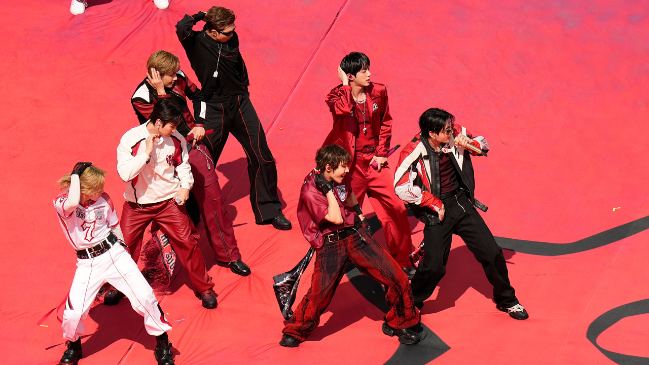 BTS performs at halftime of the World Cup final soccer match between Spain and Argentina in East Rutherford, N.J., near New York, Sunday, July 19, 2026.