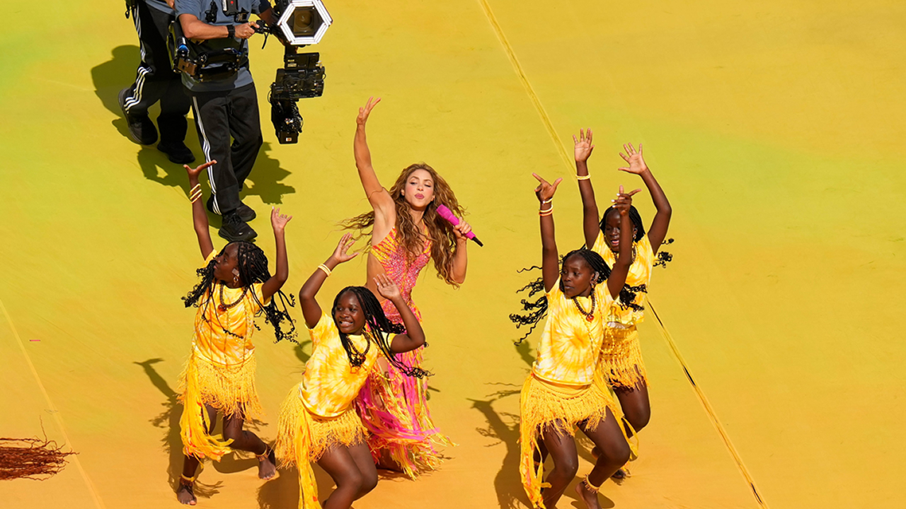 Shakira performs at halftime of the World Cup final soccer match between Spain and Argentina in East Rutherford, N.J., near New York, Sunday, July 19, 2026.