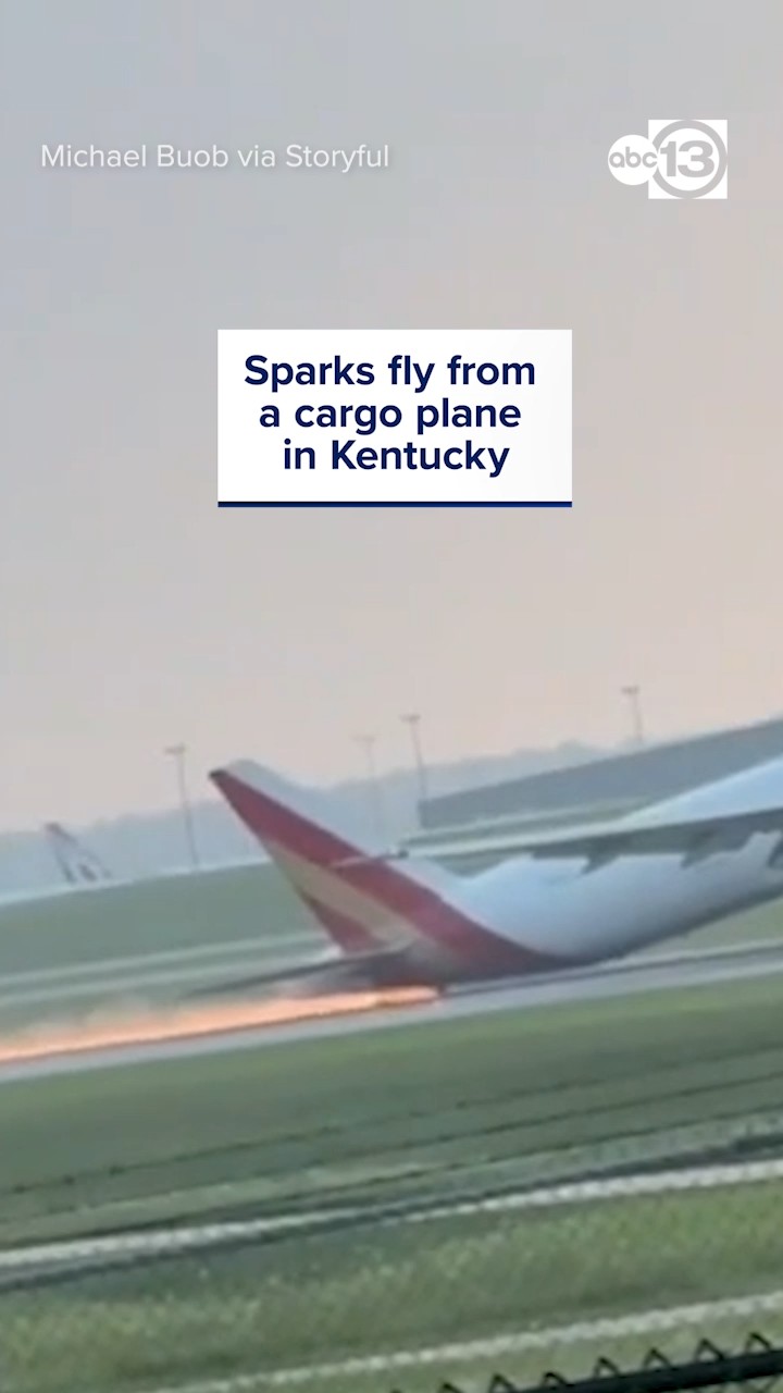 Sparks flew from a cargo plane during a rough attempted landing
