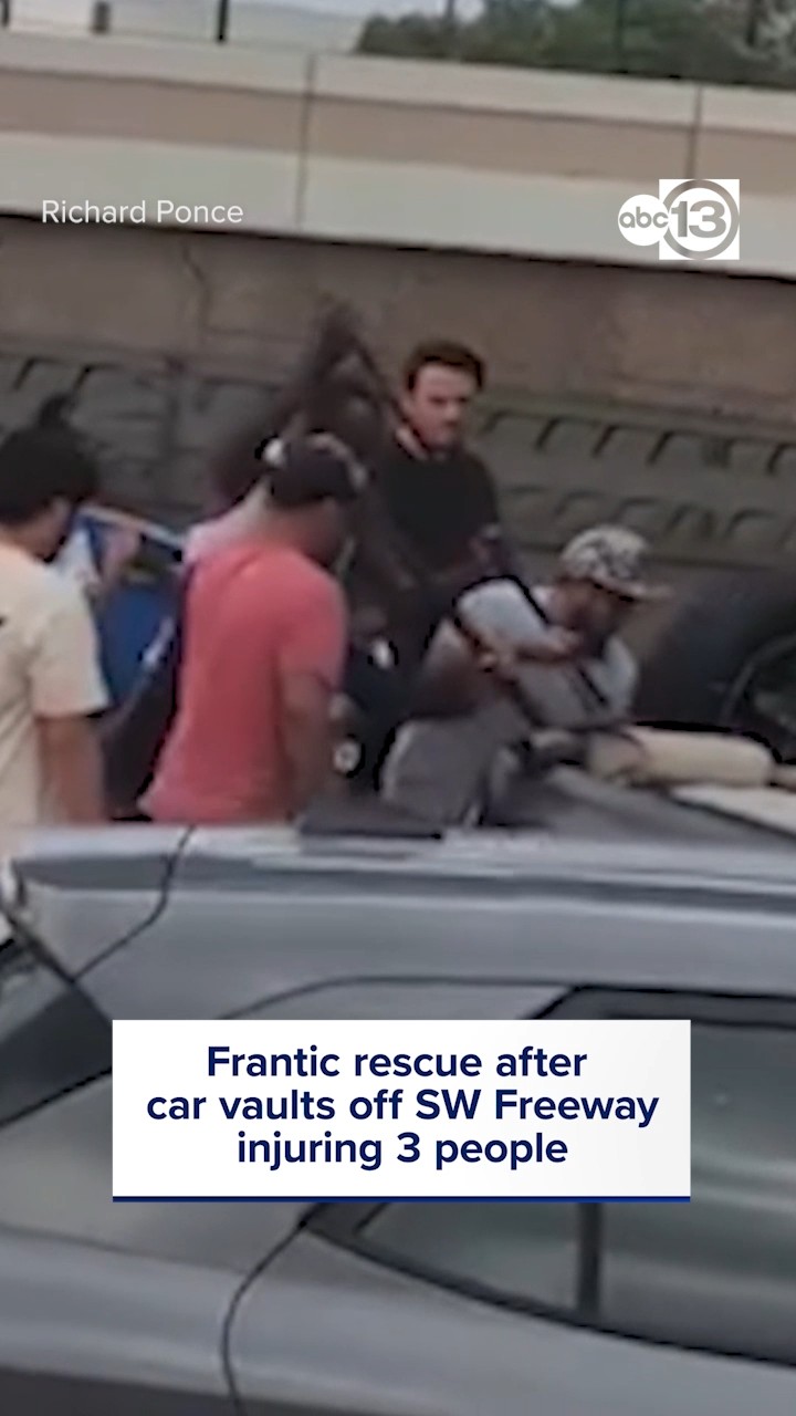 Frantic rescue after car flies off the overpass