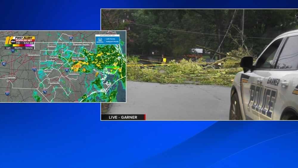 Tree, power lines down block road in Garner