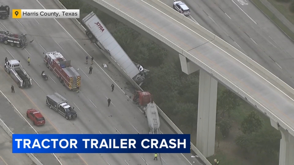 Semi left dangling off Katy Fwy after crash outside Houston, Texas