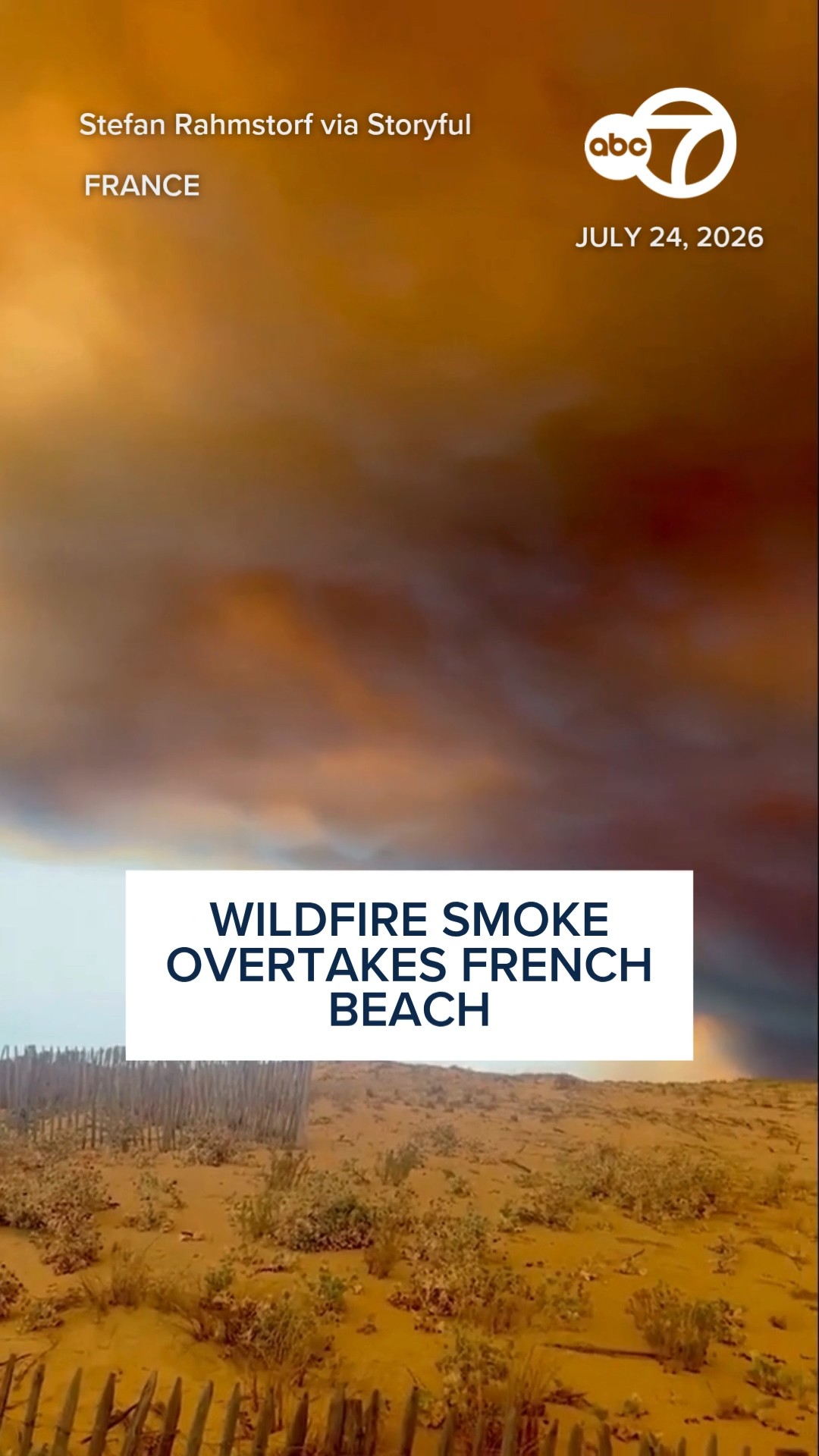 Wildfire smoke turns sky orange over French beach