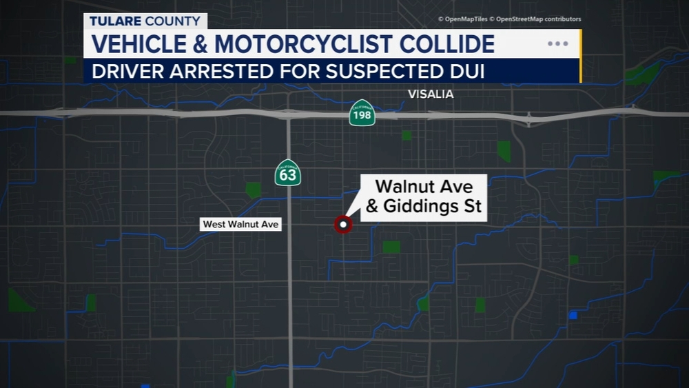 Person arrested for alleged DUI after crash seriously injures motorcyclist in Visalia