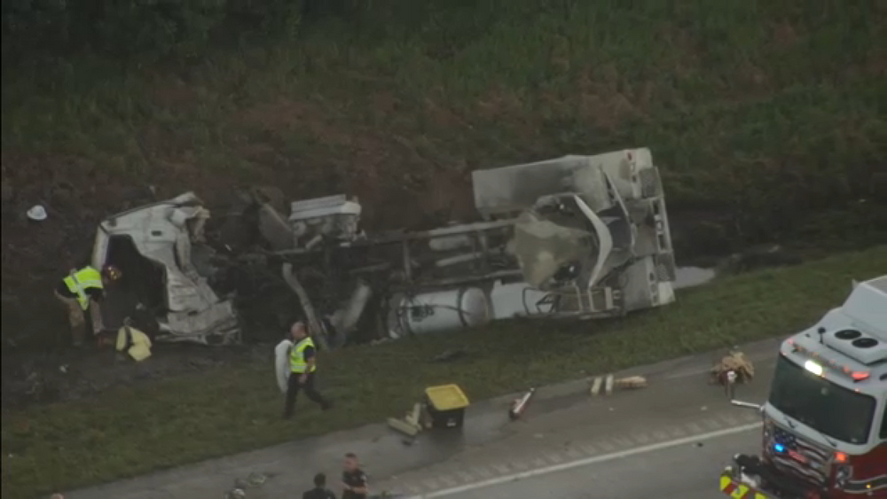 SkyEye13 shows concrete mixer crash on Hwy WB at Cypress-Rosehill