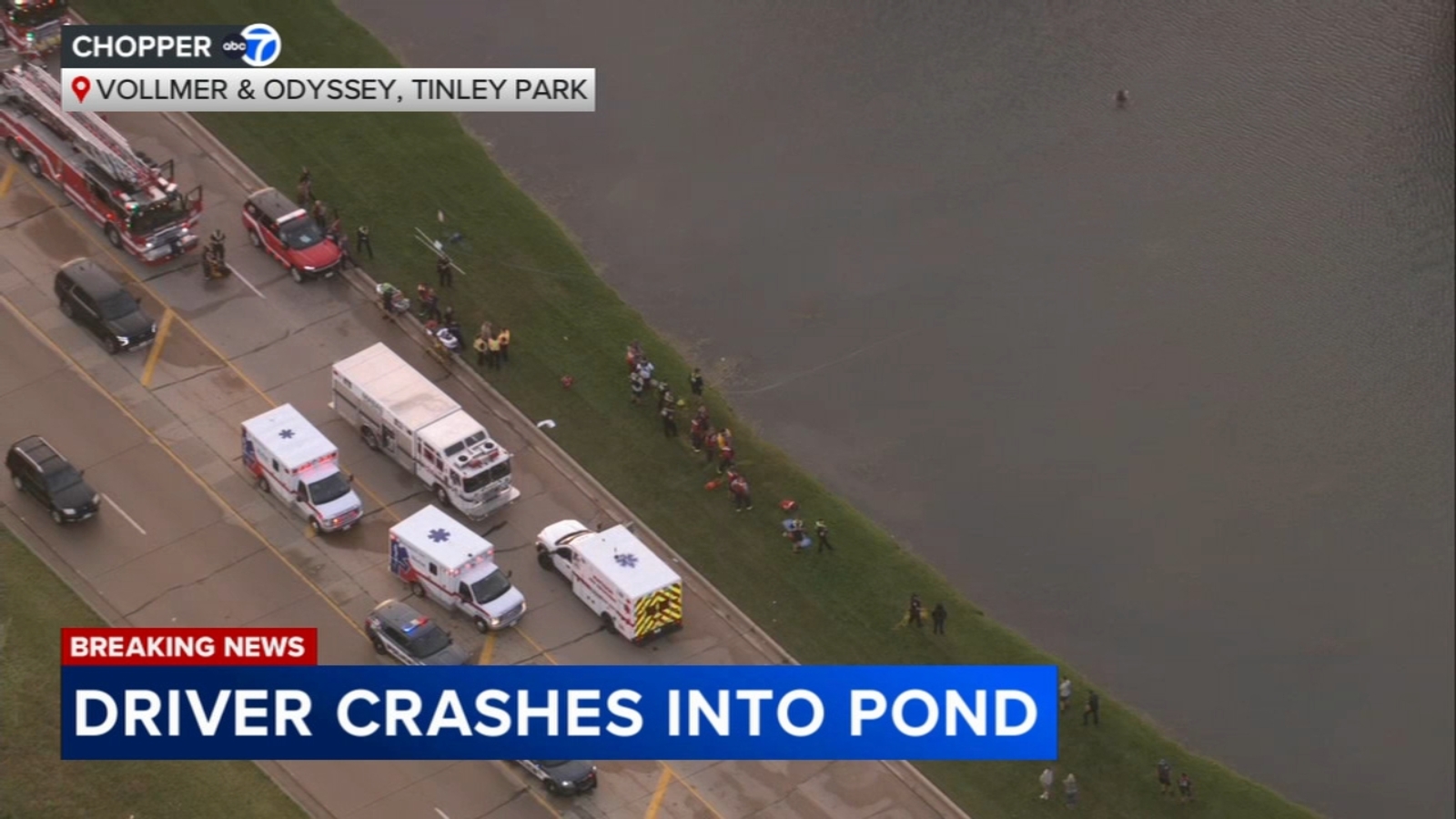 Driver missing after crashing into Tinley Park pond; car being recovered from water