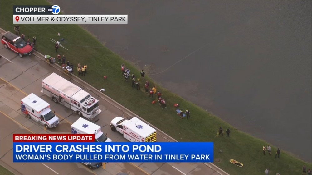 Body of woman recovered after car crashes into Tinley Park pond

