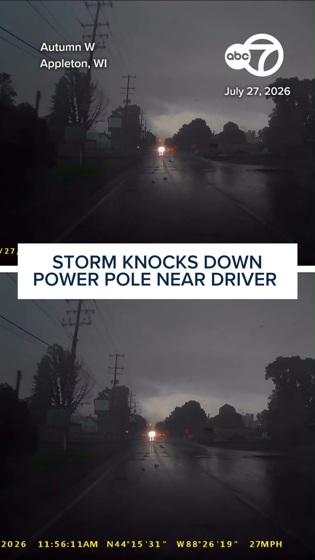 Dashcam captures as power pole nearly hits driver amid WI storm