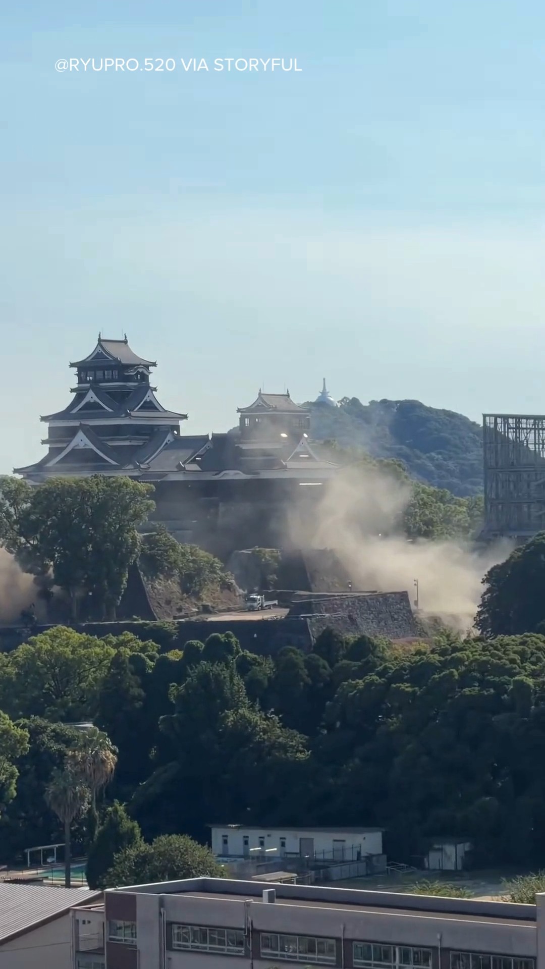 Clouds of Dust Rise at Kumamoto Castle After Earthquake Shakes Japan