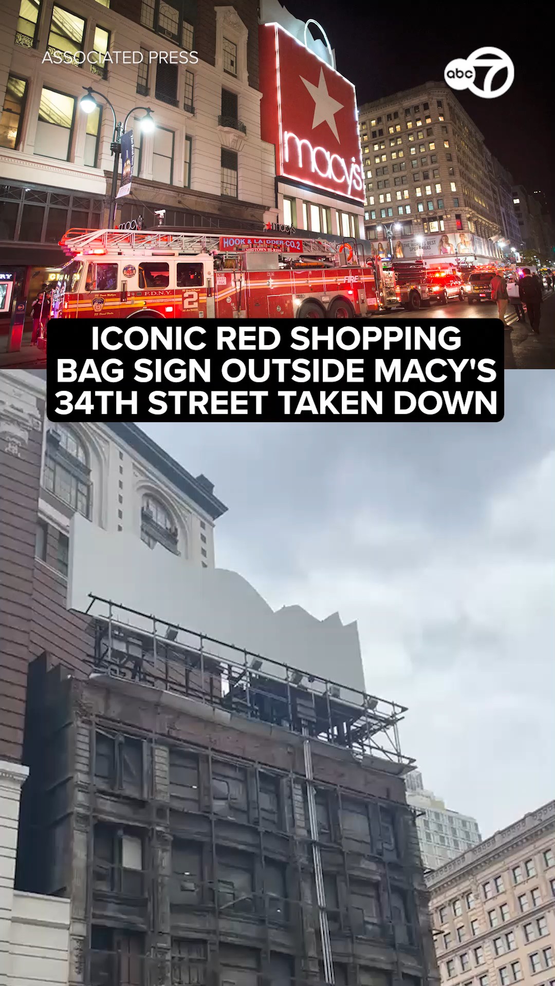 Iconic red shopping bag sign outside Macy's 34th St. taken down