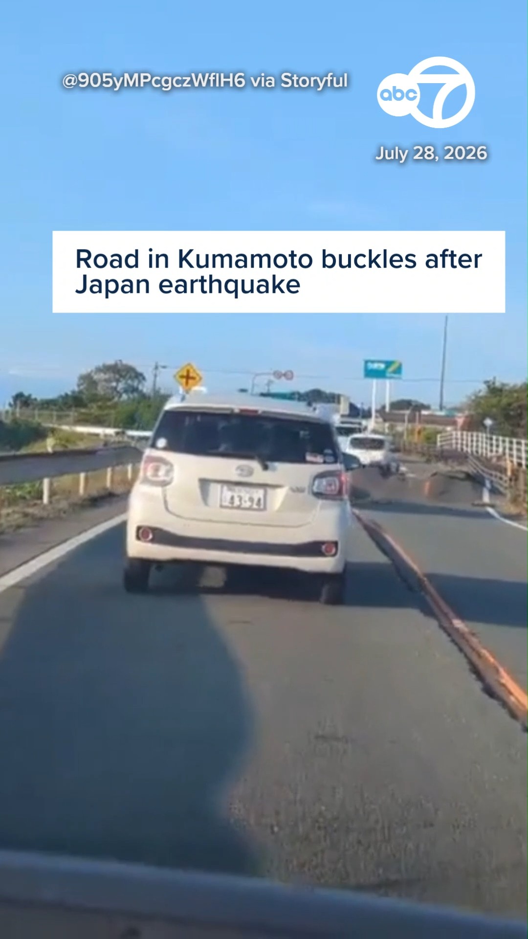 Cars Weave Through Buckled Road After Earthquake Hits Kumamoto