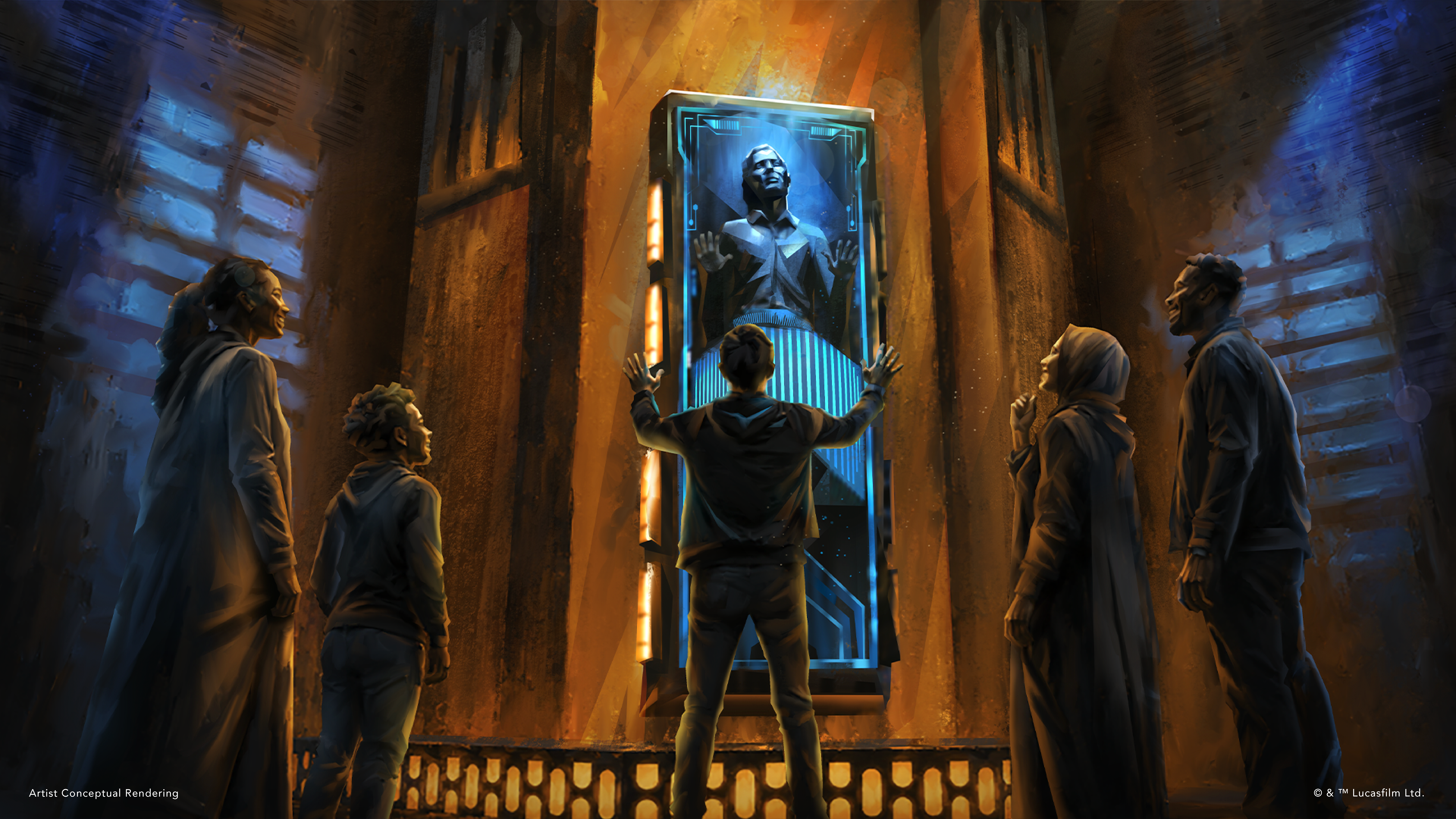 An artist rendition of the carbonite gallery to be partially displayed at D23, part of the "Star Wars: The Experience" exhibition opening in February 2027.