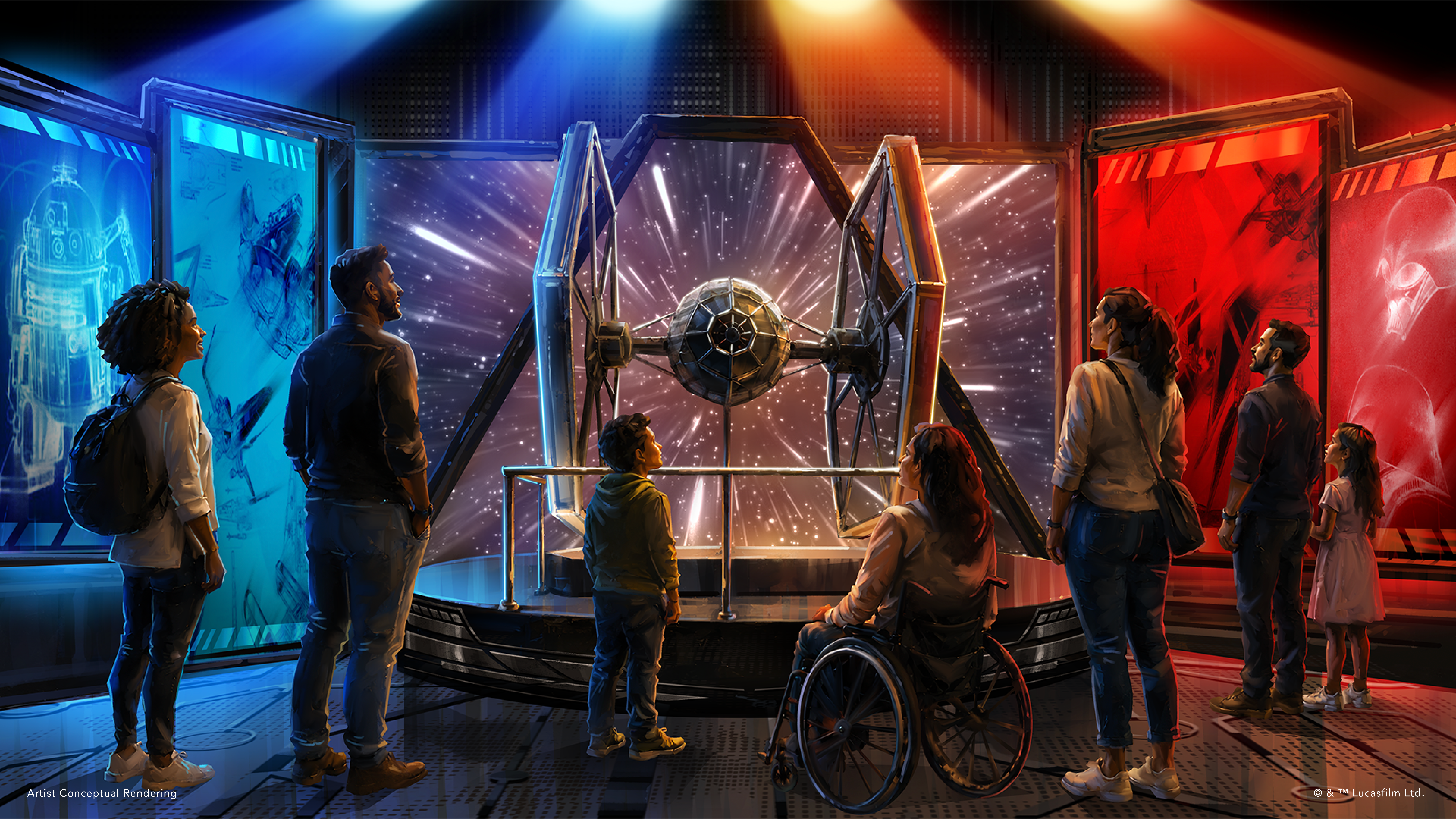 An artist rendition of a gallery with a model TIE Fighter and concept art, part of the "Star Wars: The Experience" exhibition opening in February 2027.