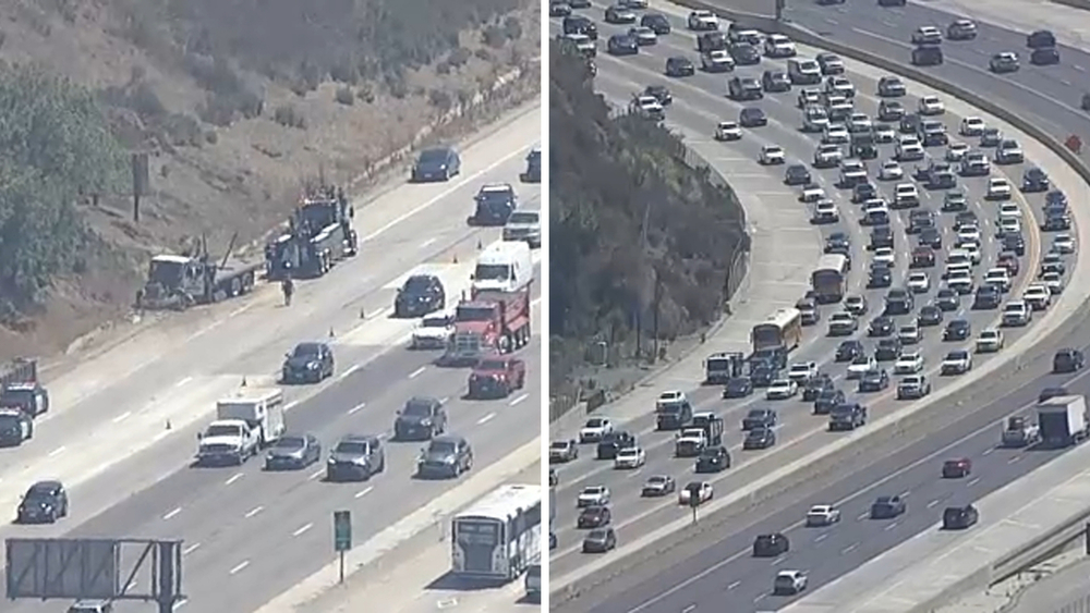 Traffic grows after big rig blows tire on NB 405 Fwy at Sepulveda Pass