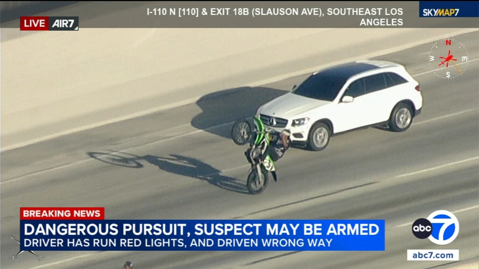 High-speed chase through LA includes suspect’s dangerous encounter with dirt bike riders on 110 Fwy.