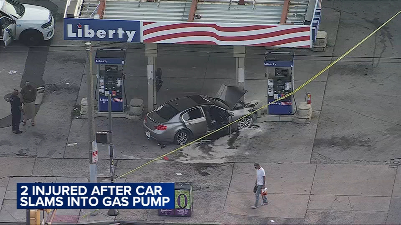 2 hurt after driver loses control, crashes car into gas pump in Philadelphia's West Oak Lane section