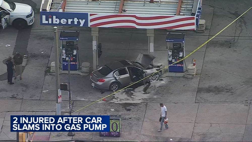 2 hurt after driver loses control, crashes car into gas pump in Philadelphia's West Oak Lane section