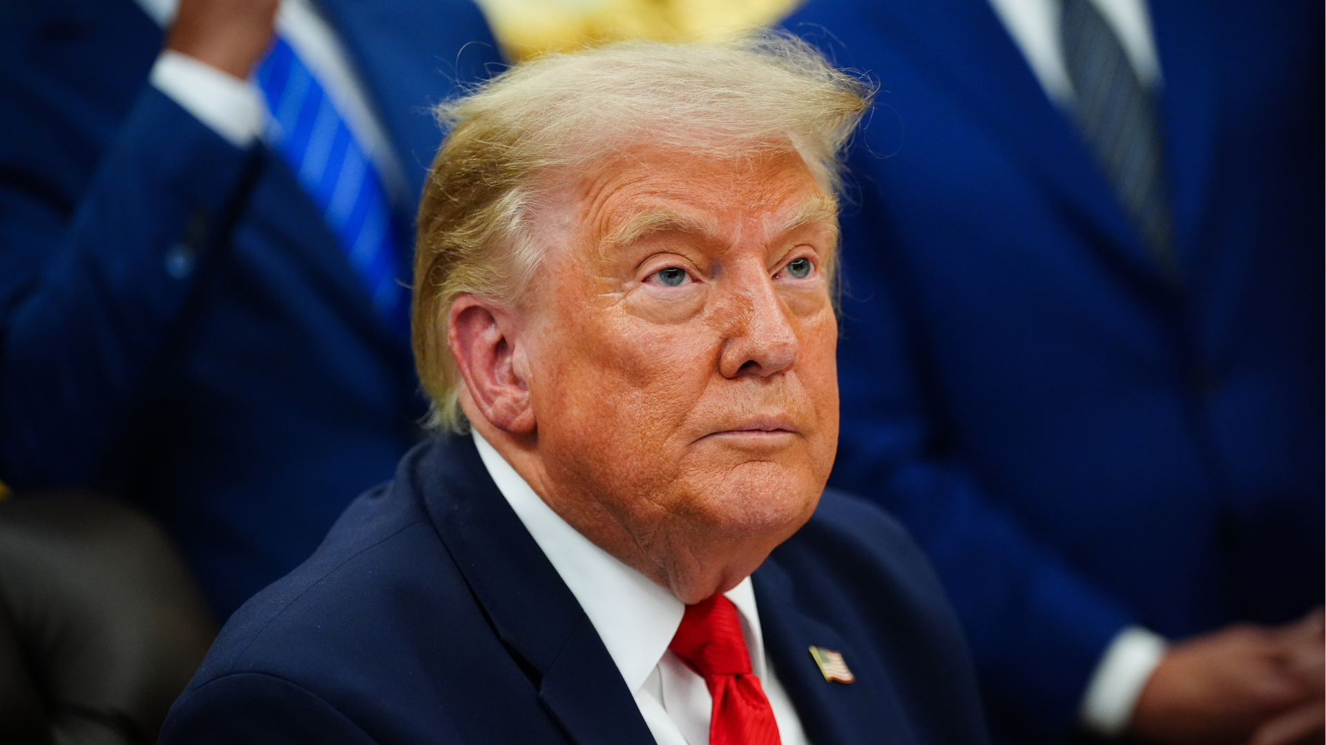 President Donald Trump speaks about Dulles International Airport modernization, in the Oval Office of the White House, Wednesday, July 29, 2026, in Washington. 