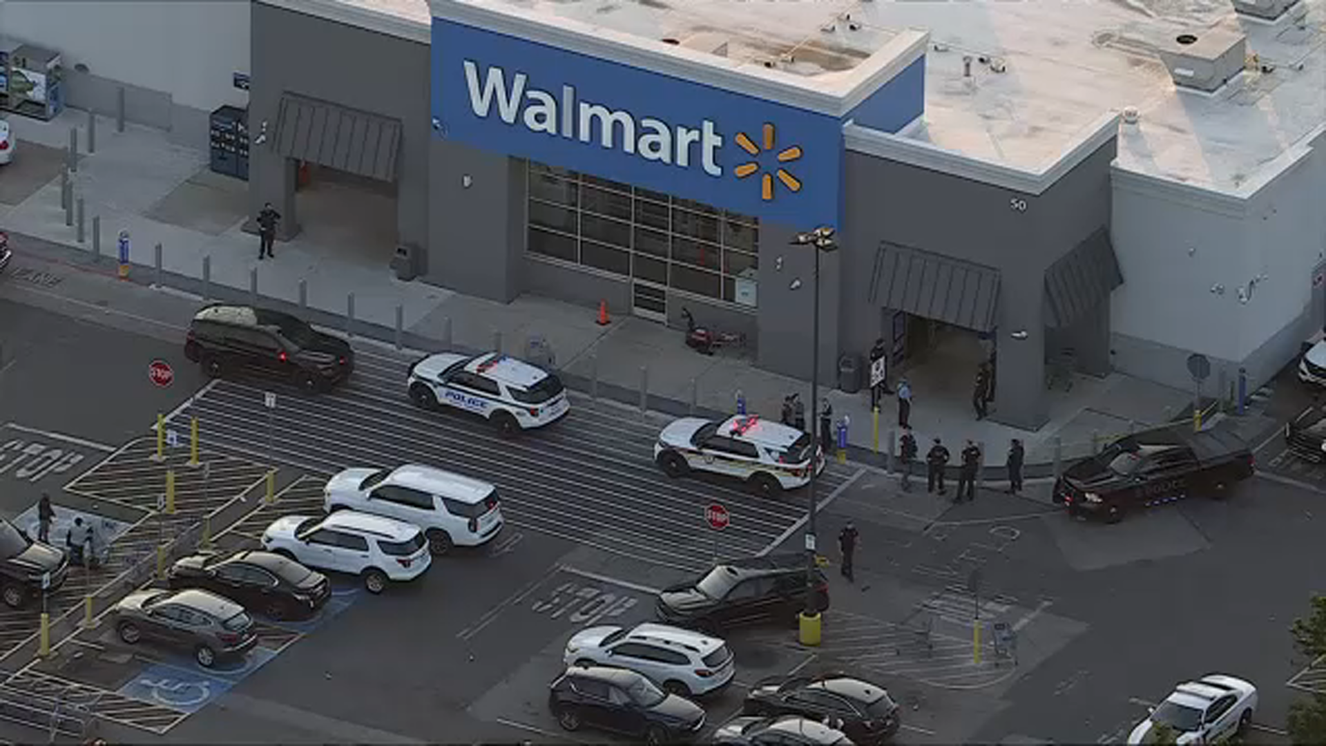 IMAGE: Chopper 6 image shows officers outside Walmart in Darby Township, Pa., after reports of a shooting on July 31, 2026.