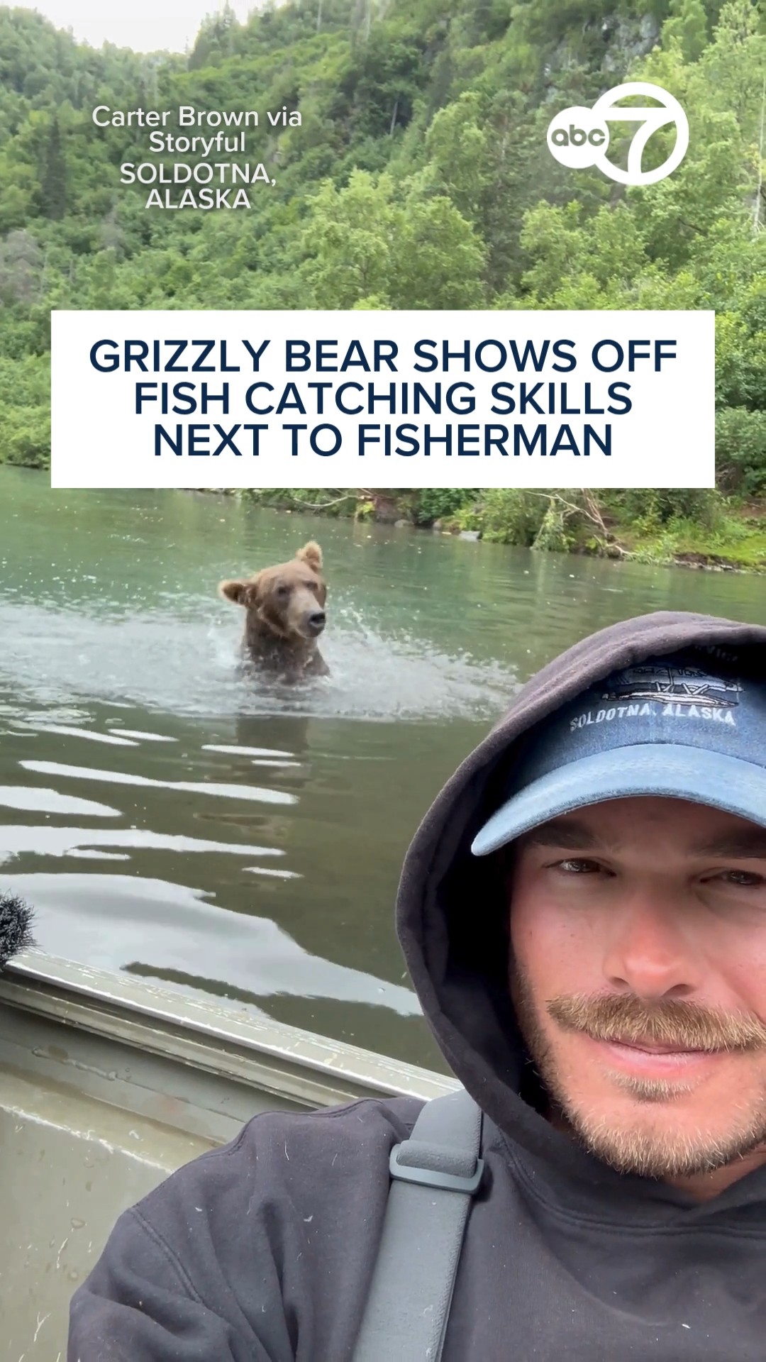 Grizzly bear shows off fish catching skills next to fisherman