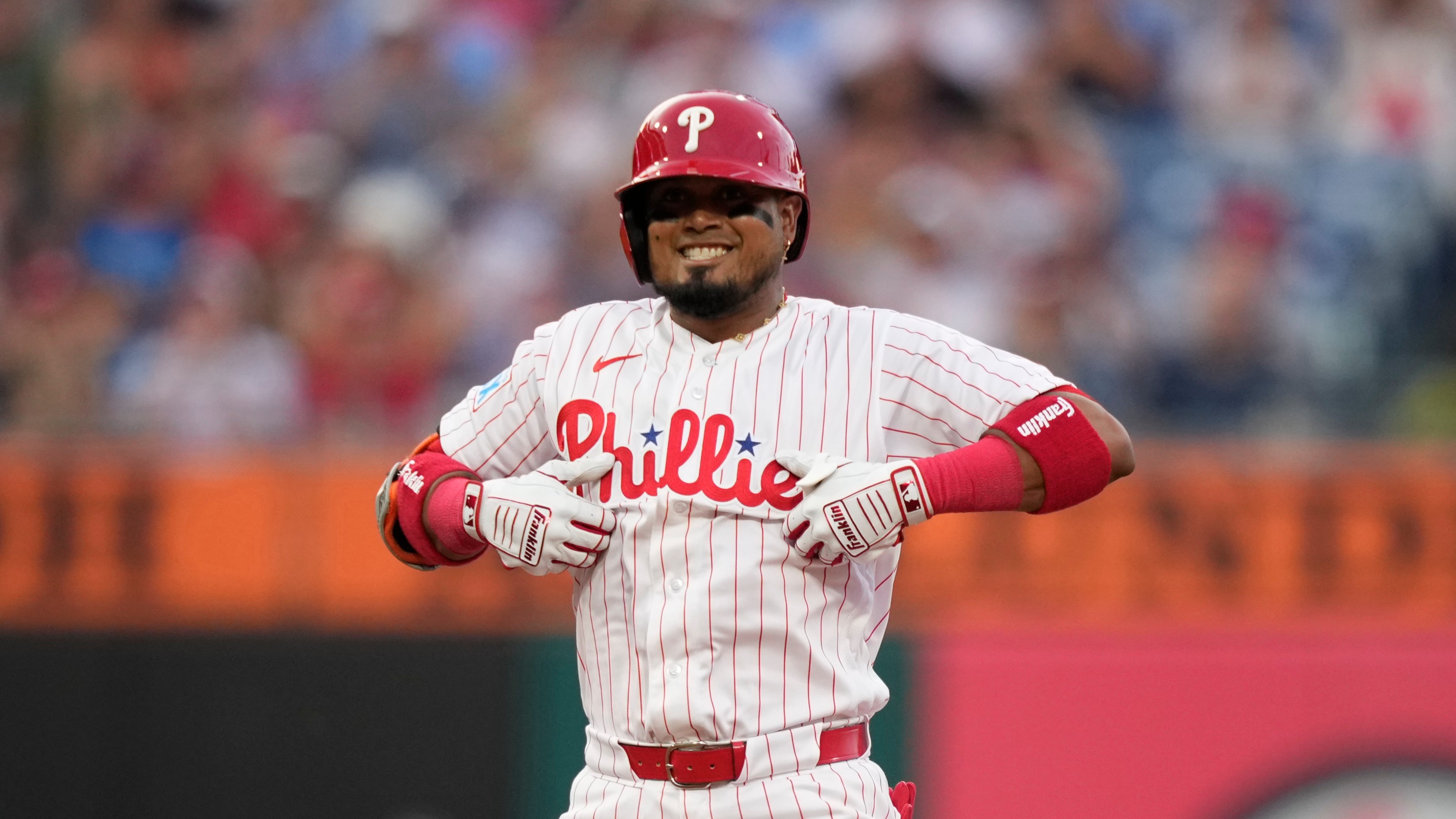 Philadelphia Phillies' Luis Arraez reacts during a baseball game Tuesday, Aug. 4, 2026, in Philadelphia.