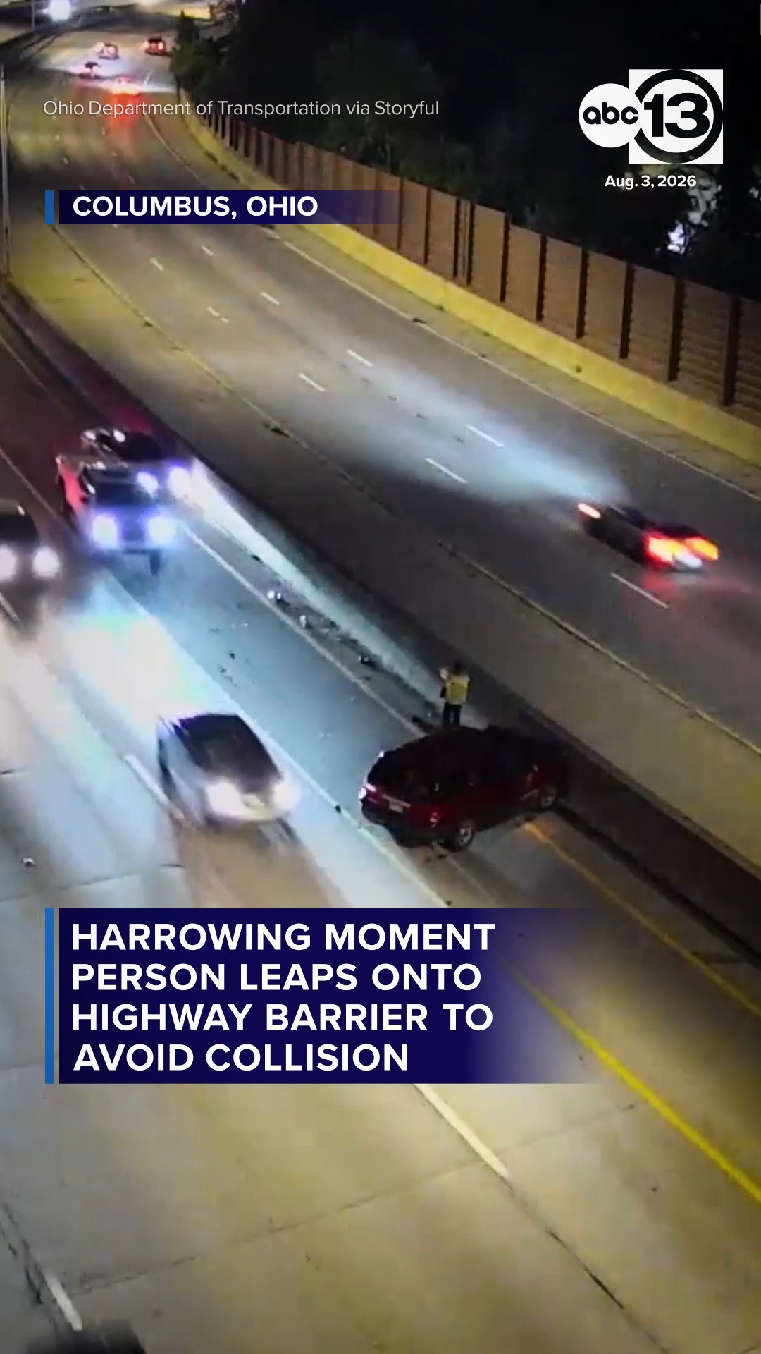 Harrowing Moment Person Leaps Onto Highway Barrier to Avoid Collision