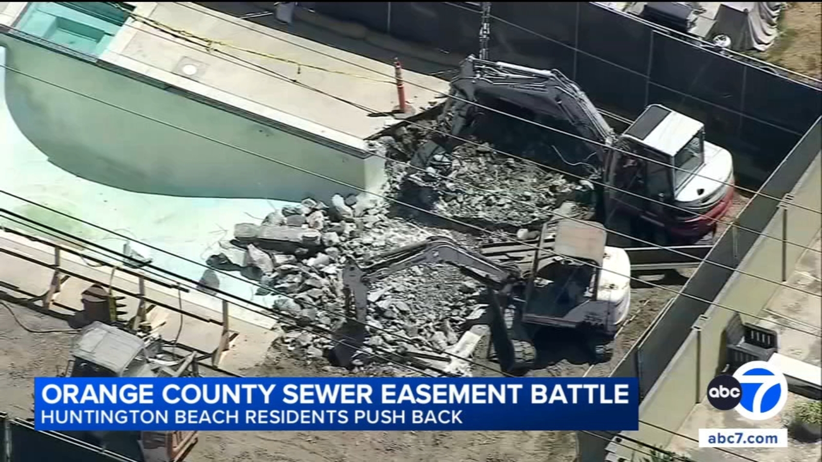 Huntington Beach homeowners continue fight over sewer easement as pool demolition moves forward Huntington Beach homeowners continue fight over sewer easement as pool demolition moves forward