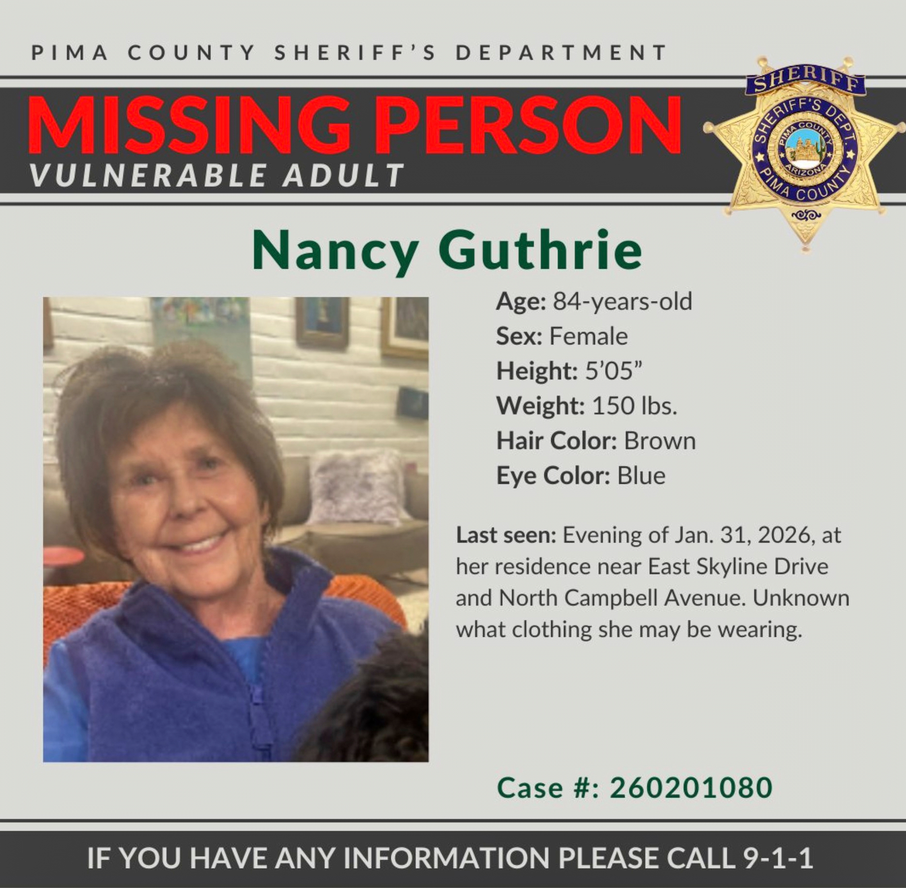 This image provided by the Pima County Sheriff's Department on Feb. 2, 2026, shows a missing person alert for Nancy Guthrie.