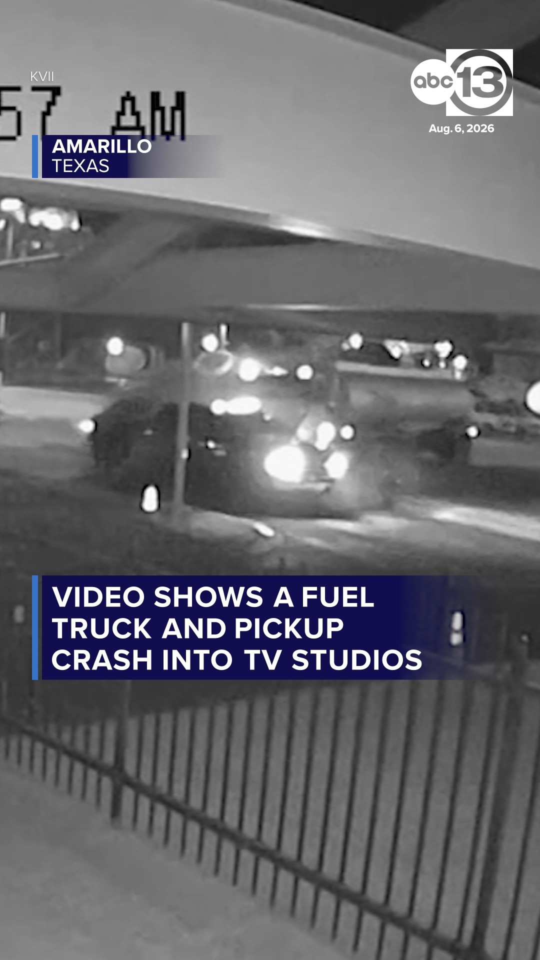 A fuel truck collided with a pickup, sending both into the TV studios